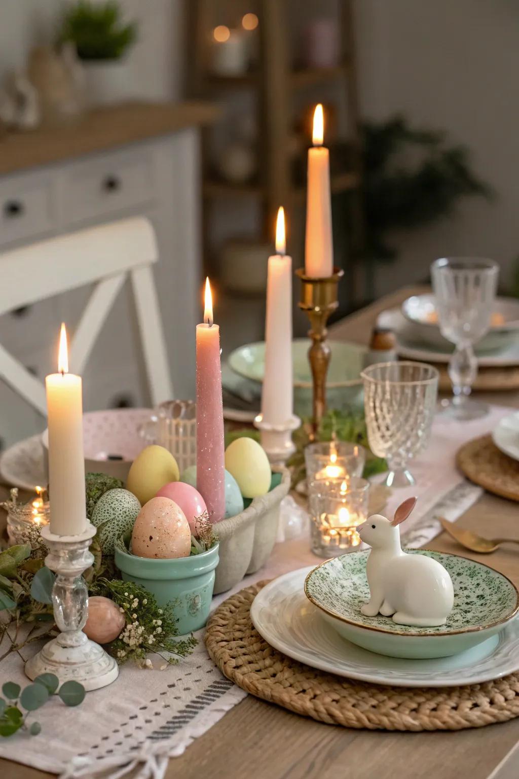 Candlelight introduces warmth and charm to the Easter table arrangement.