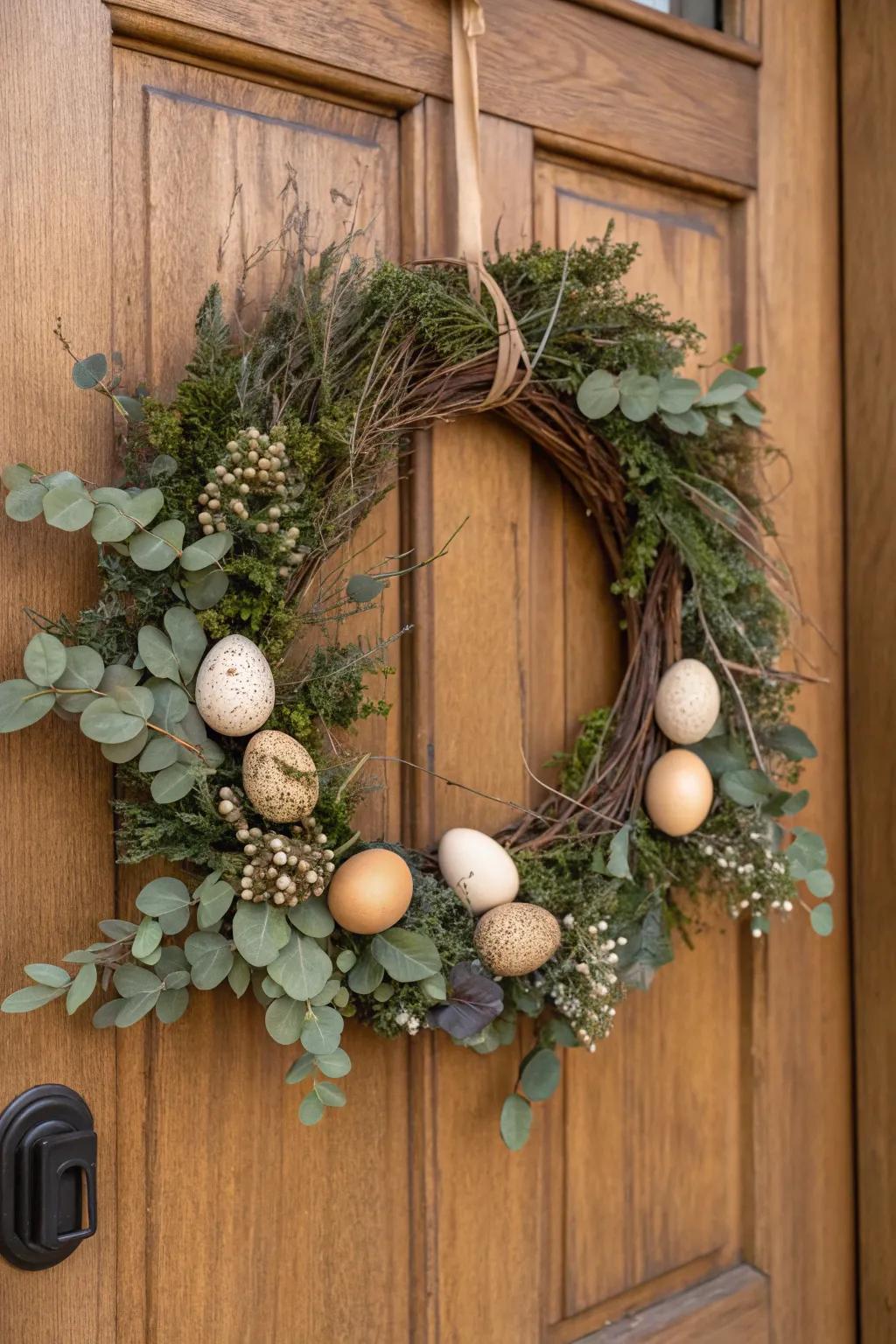 An unpretentious Easter wreath featuring timbered spheres, contributing natural charm to your decoration.