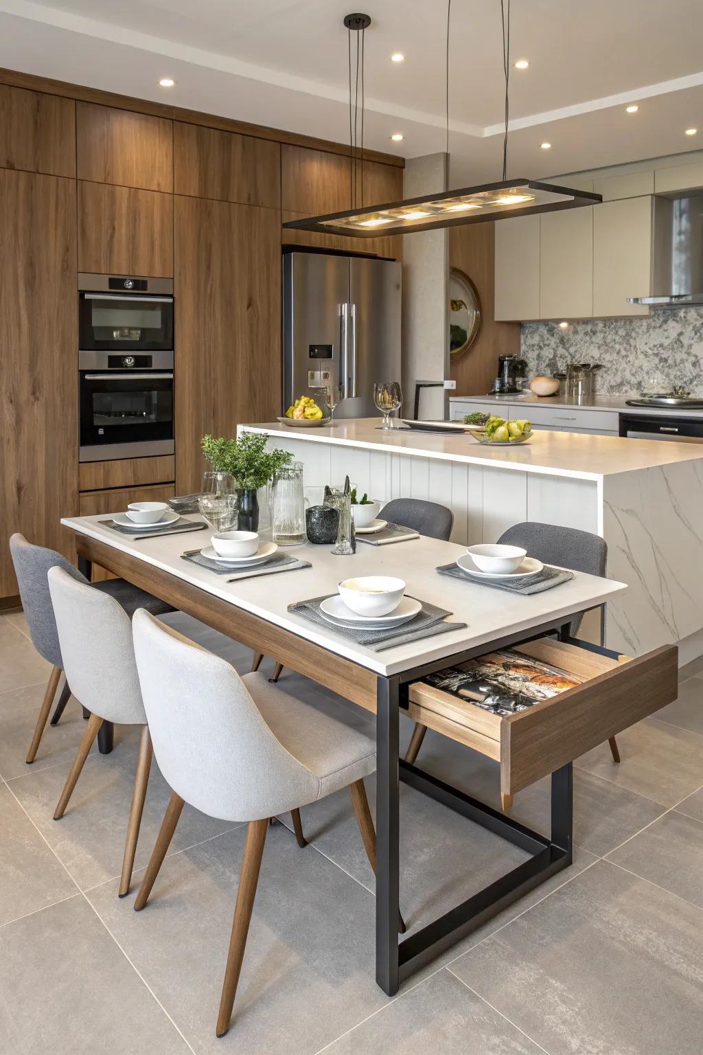 An island with an extendable surface for flexible dining options.