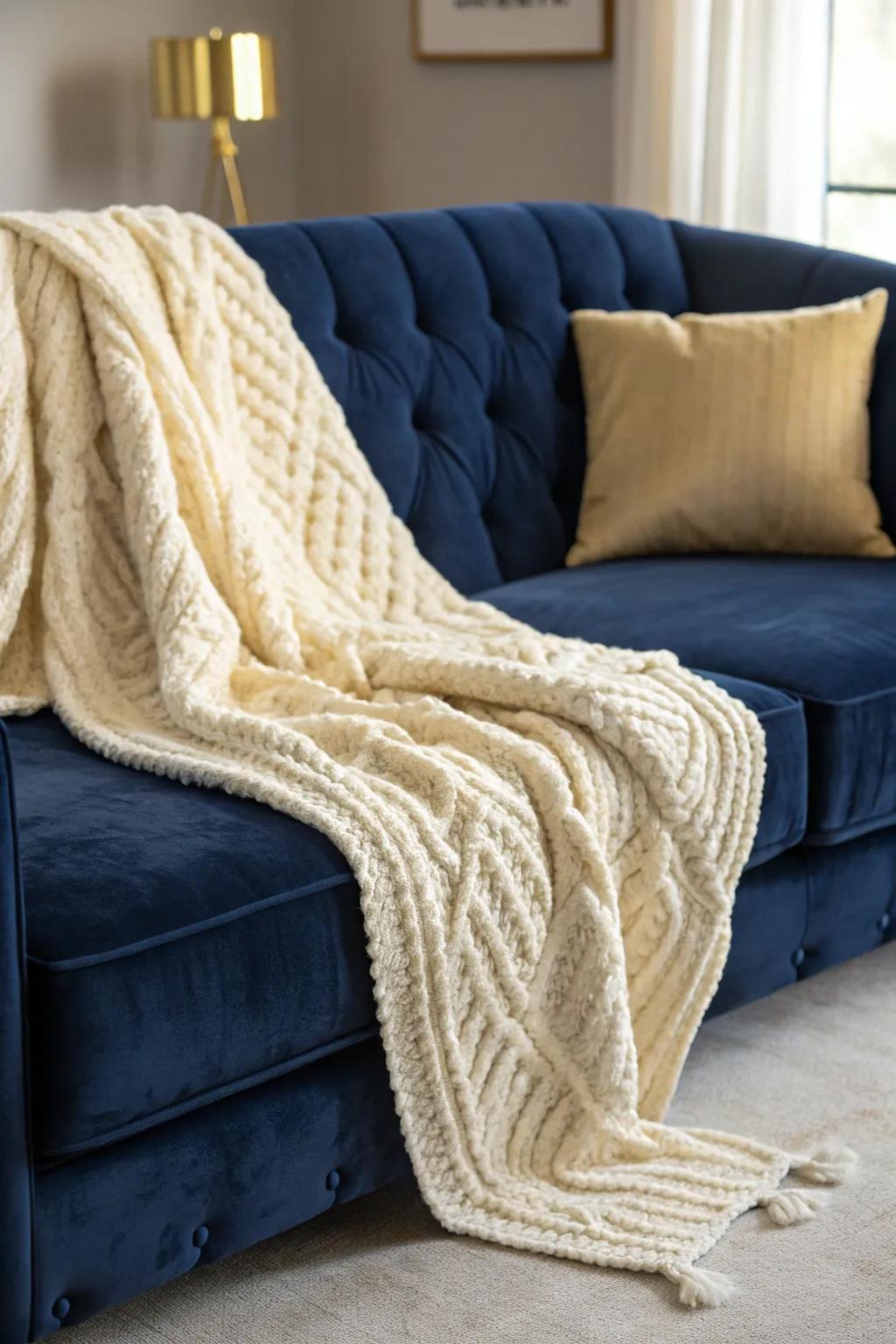 A cozy seating space with layered textures for enhanced depth.
