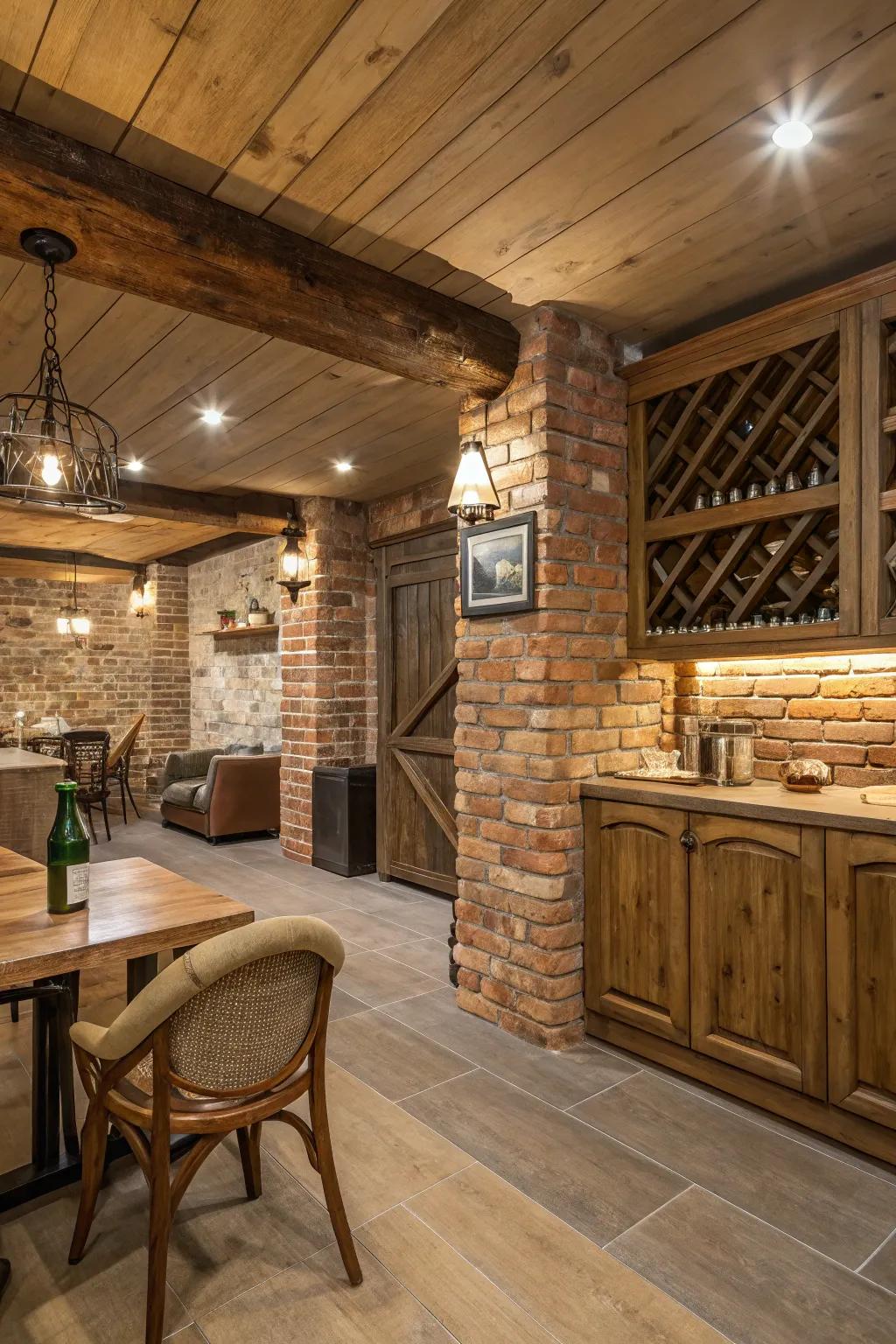 An interior showcasing salvaged wood and bricks, creating a cozy and welcoming vibe.