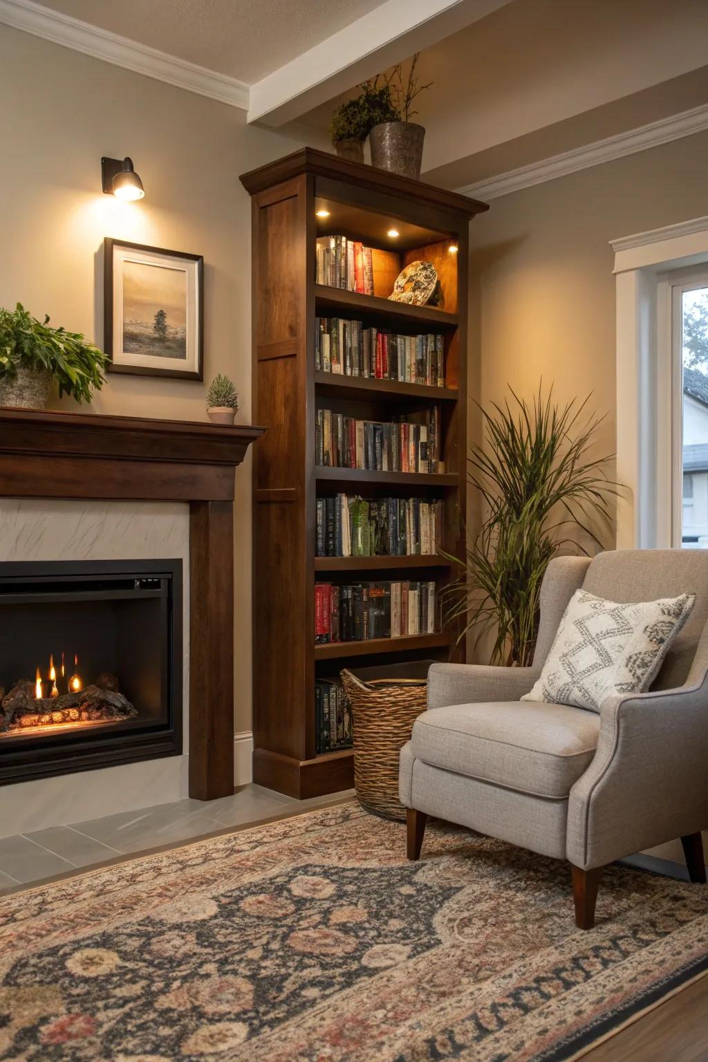 A comfortable studying nook with a integrated bookshelf and electric heatbox