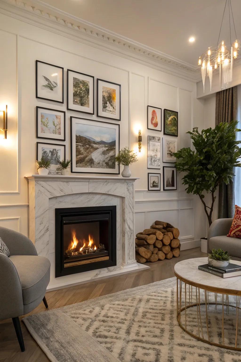 An electric fireplace is surrounded by carefully chosen artwork in a stylish living room.