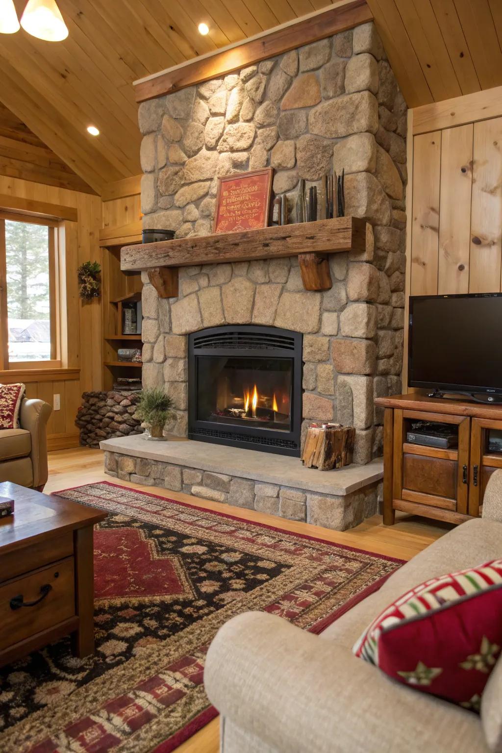 A stone surround provides an electric fireplace with a rustic charm.