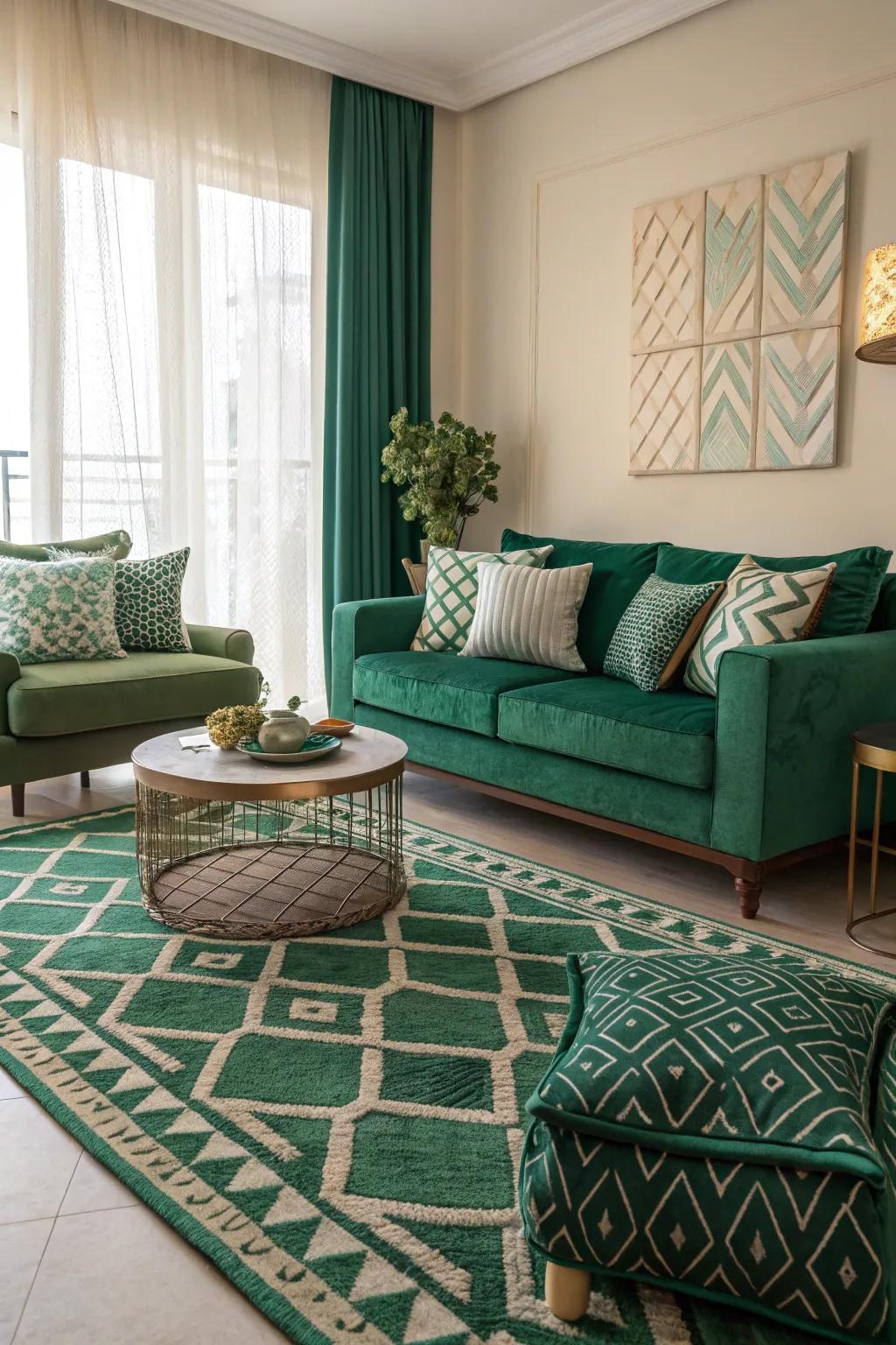 Geometrical patterns contribute a fashionable touch to forest green decorations.