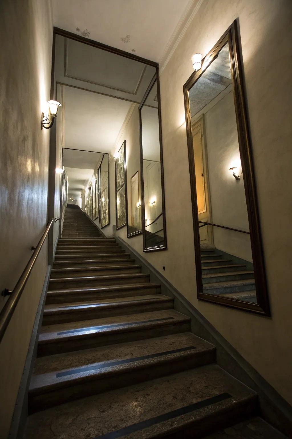 Mirrors simulate increased space in enclosed staircases.