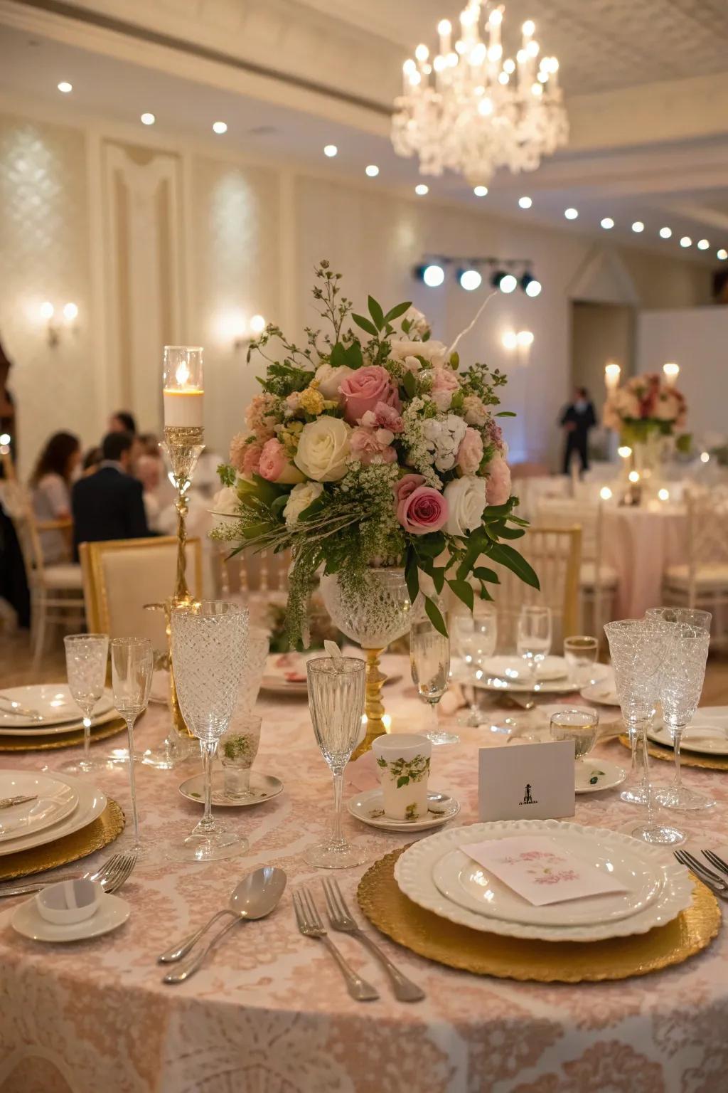 An elegant table decor with a floral centerpiece.