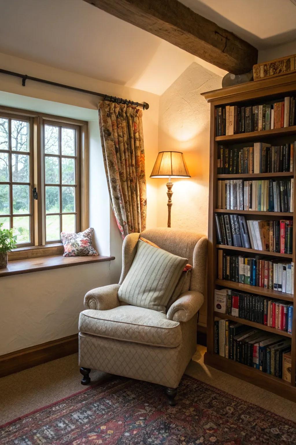 An inviting corner devoted to perusing and calmness.
