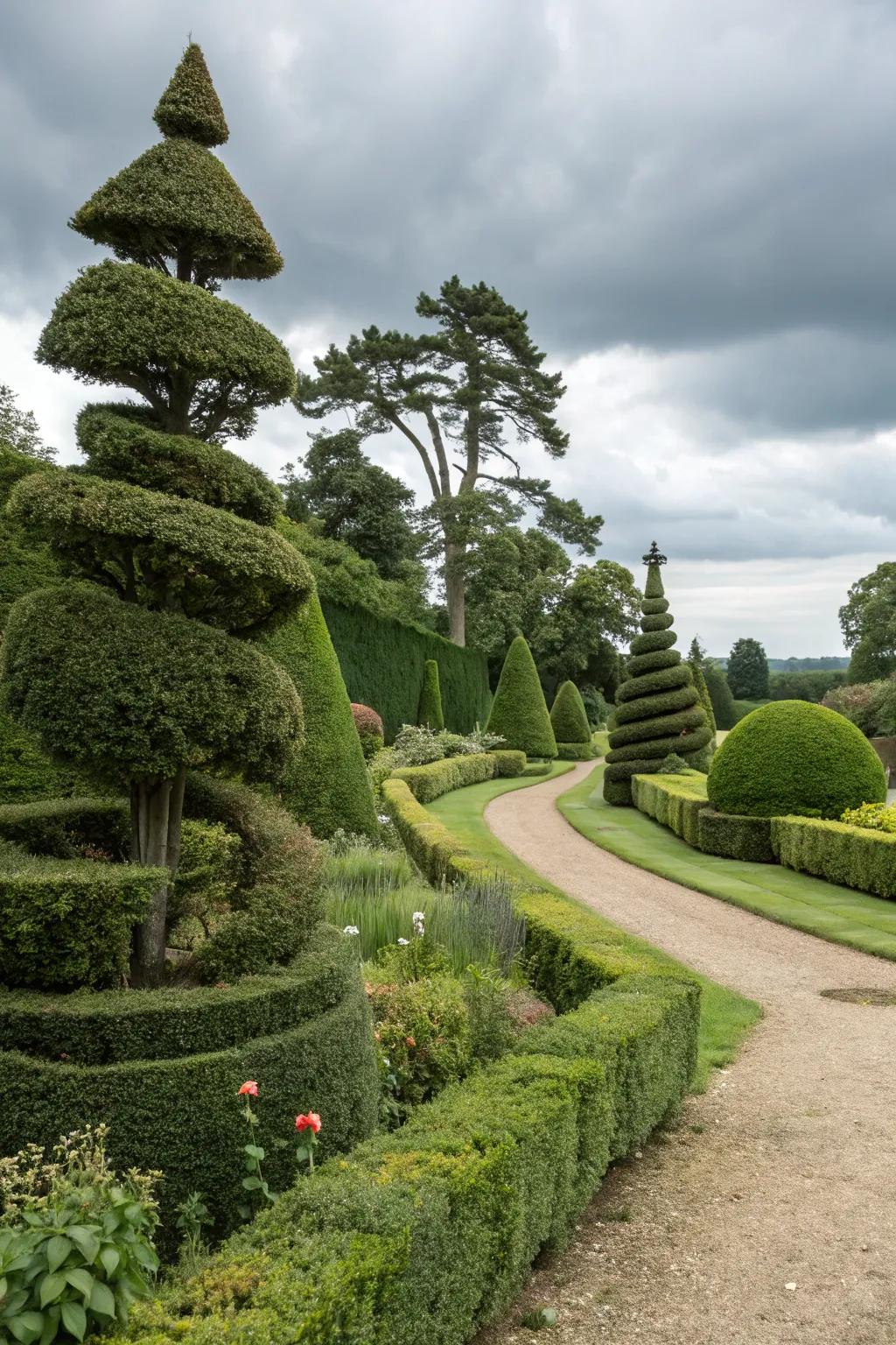 Elegantly shaped bushes and topiary adding structure.