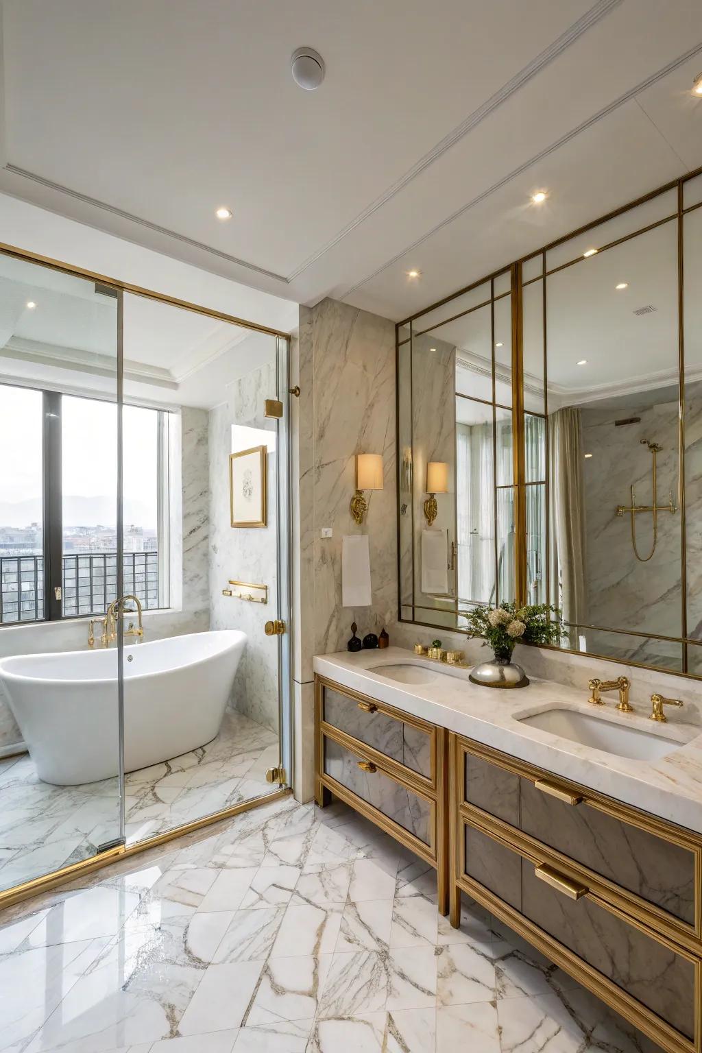 Luxury details like stone and metal boost the bathroom's style.