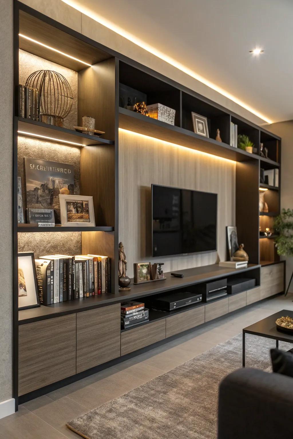 Ambient lighting casts a warm glow over this entertainment center.