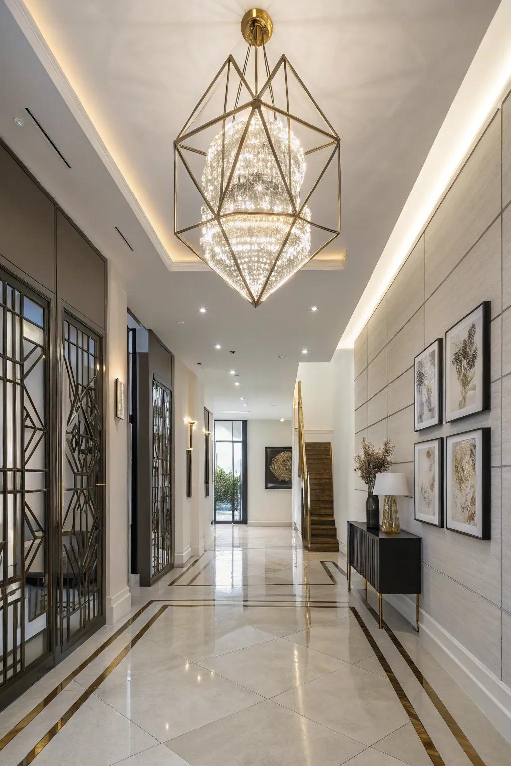 Geometric lighting provides a modern appeal to this space.