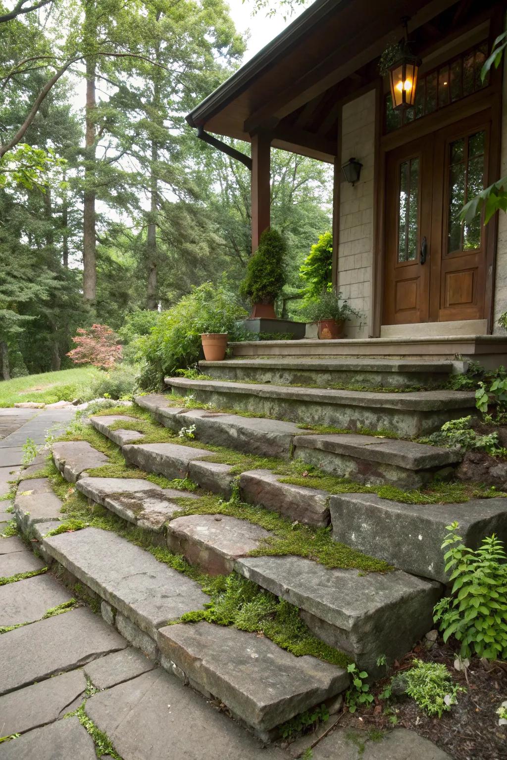 Rustic stone steps crafting a cozy and natural entrance to the porch.