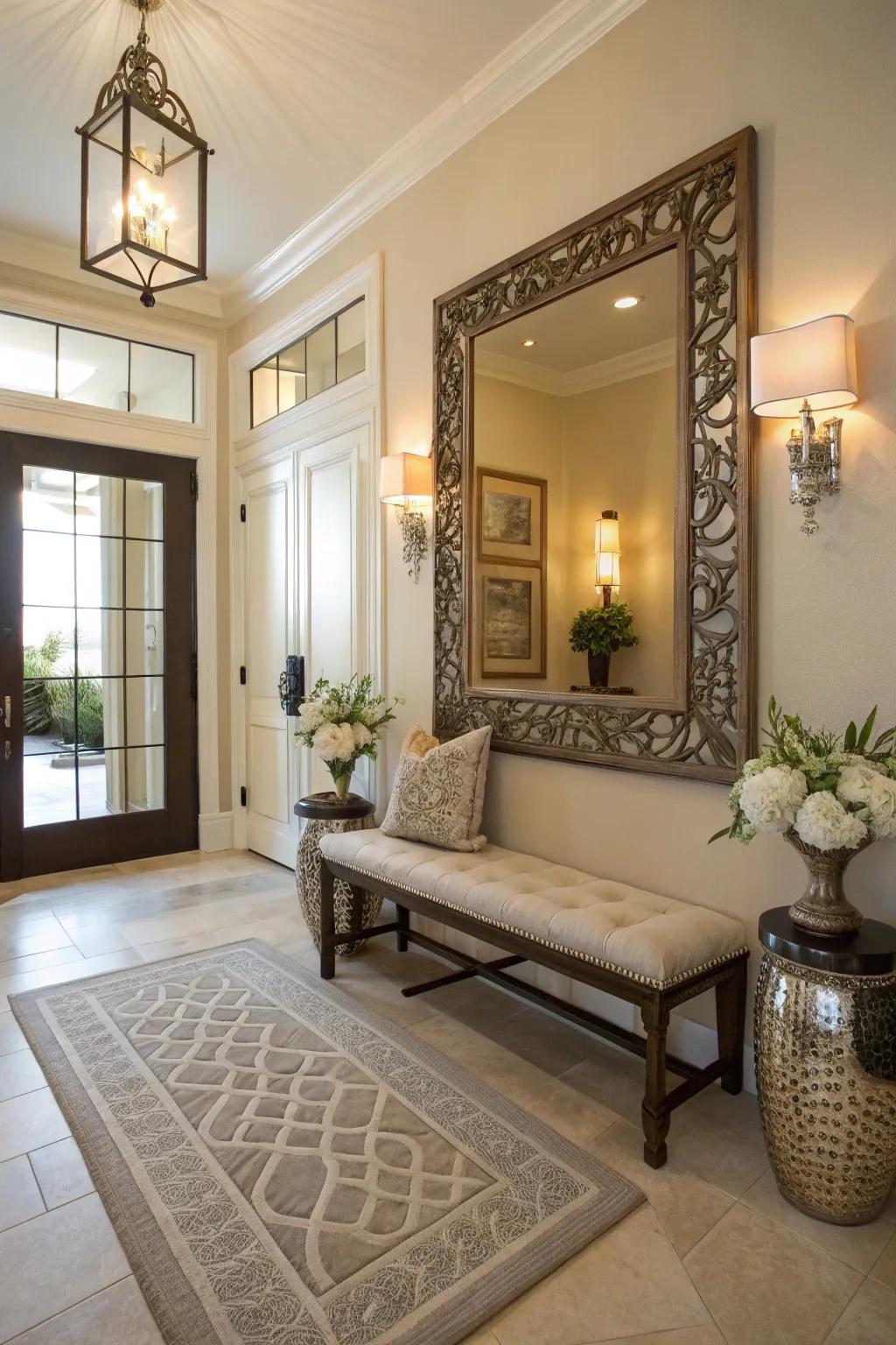 A large decorative mirror above the bench enhances the perception of space and light.