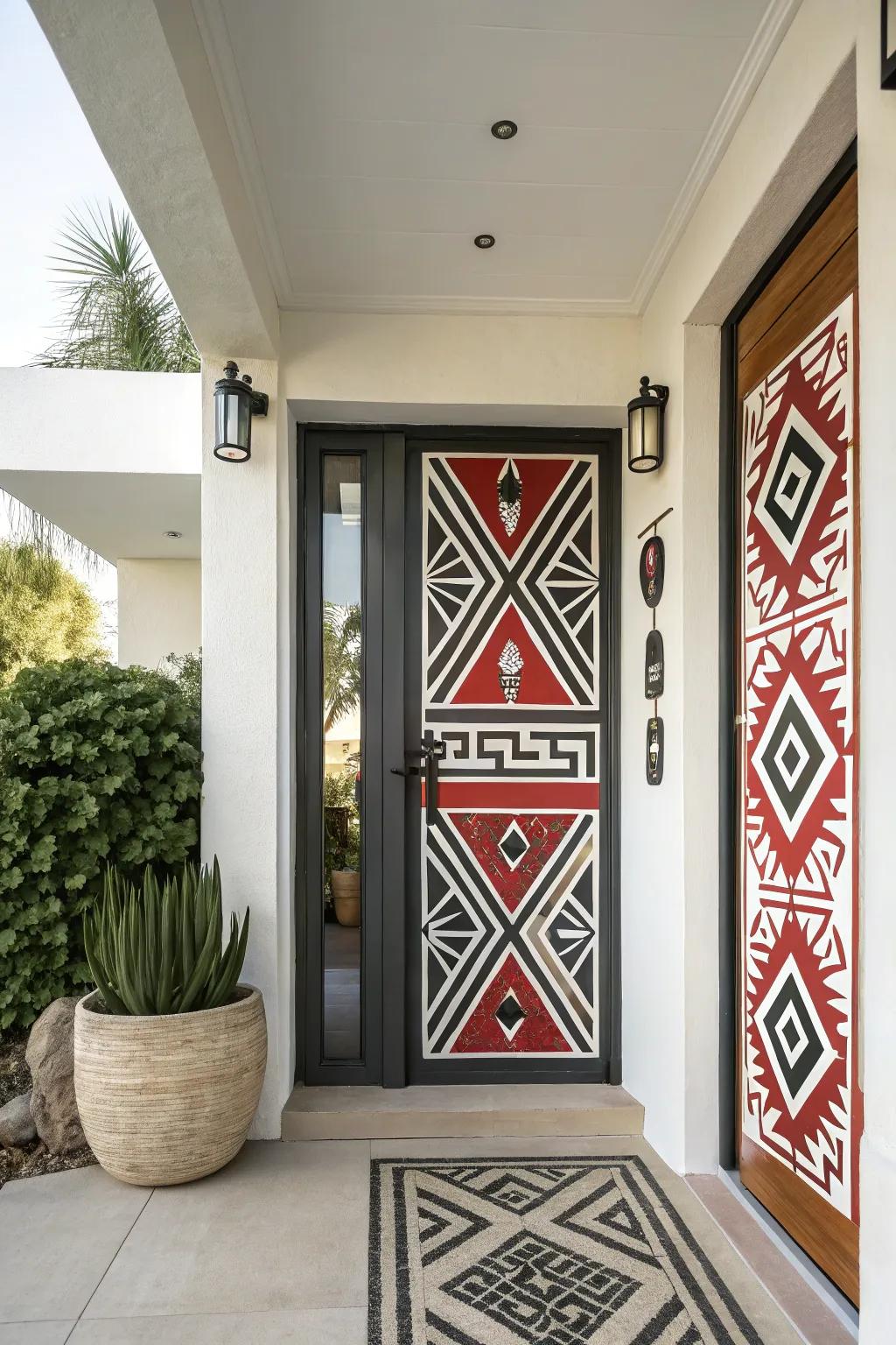 A front door that has bold geometric designs.