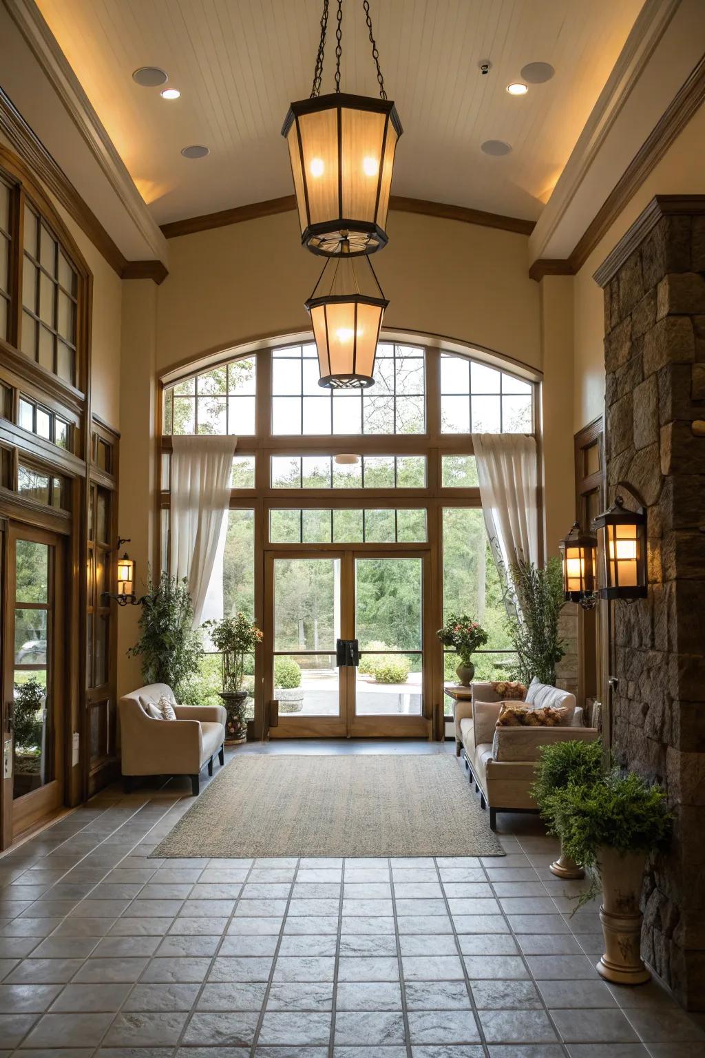 Sunlight floods this entranceway, producing an airy and welcoming environment.