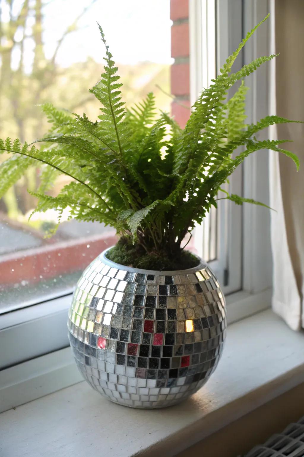 Add retro flair to your greenery with a mirrorball planter.
