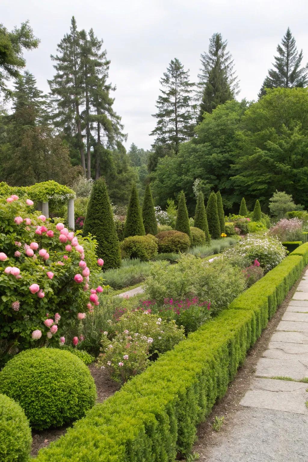 A garden exhibiting obviously specified evergreen bush borders.