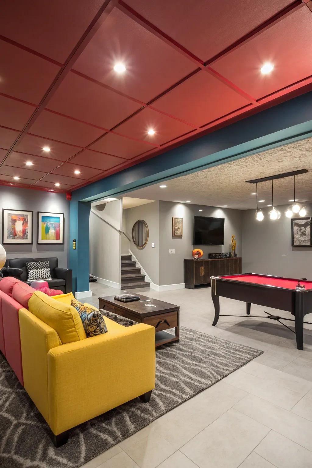 A strong and bright basement with an amazing ceiling color.