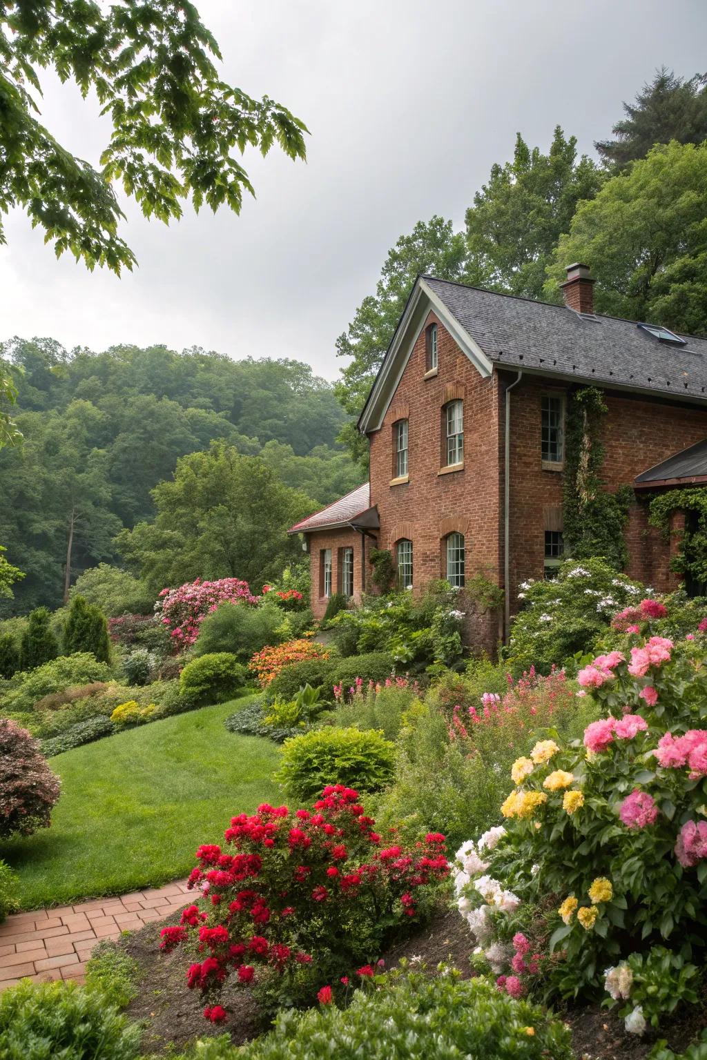 Lush landscaping enhances the natural beauty of brick.