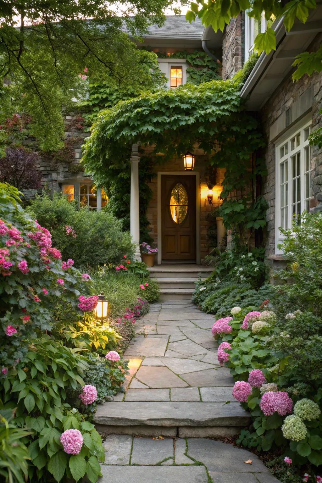 A welcoming home entrance featuring a vibrant garden.