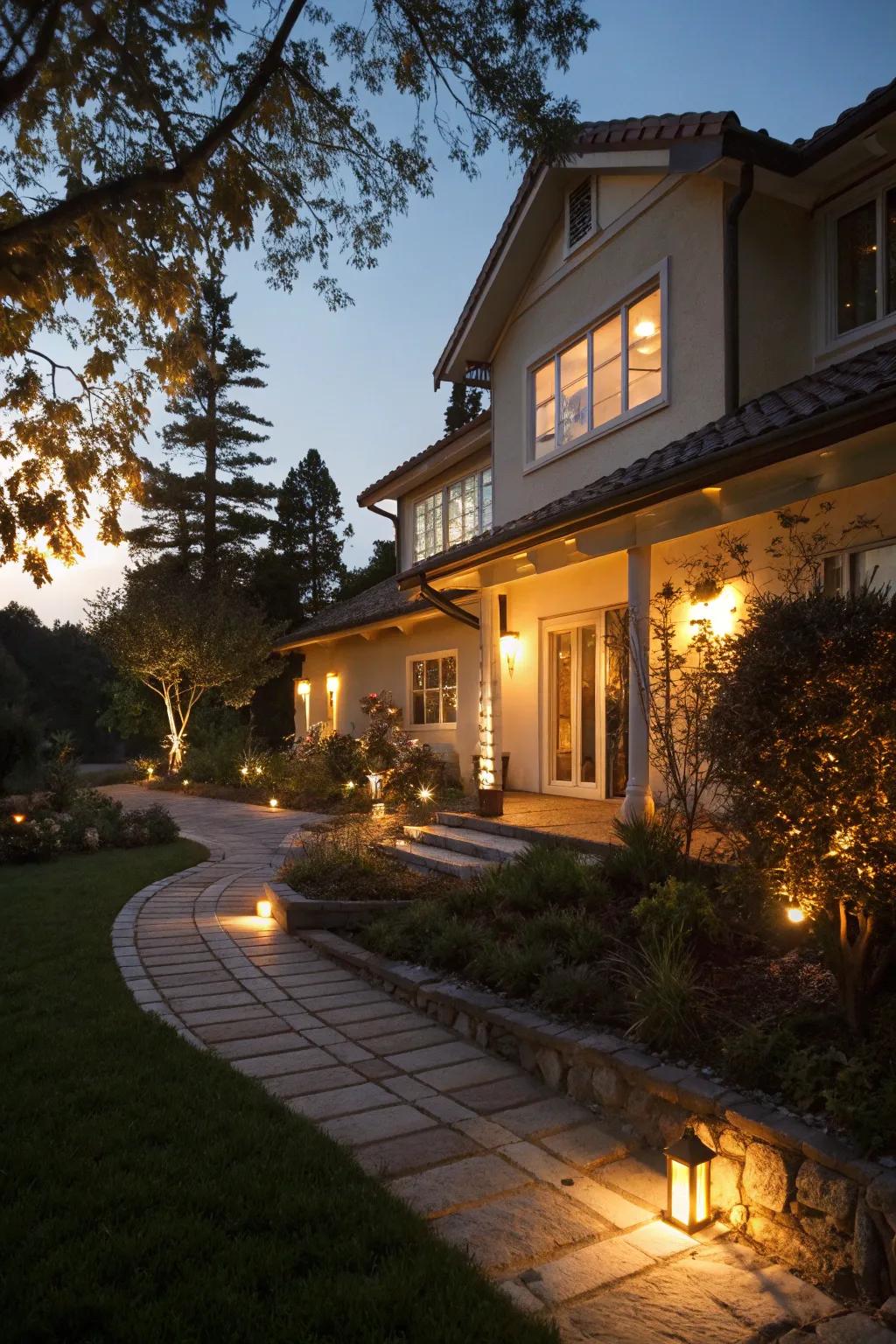 Captivating exterior lighting exquisitely accentuates this dwelling.