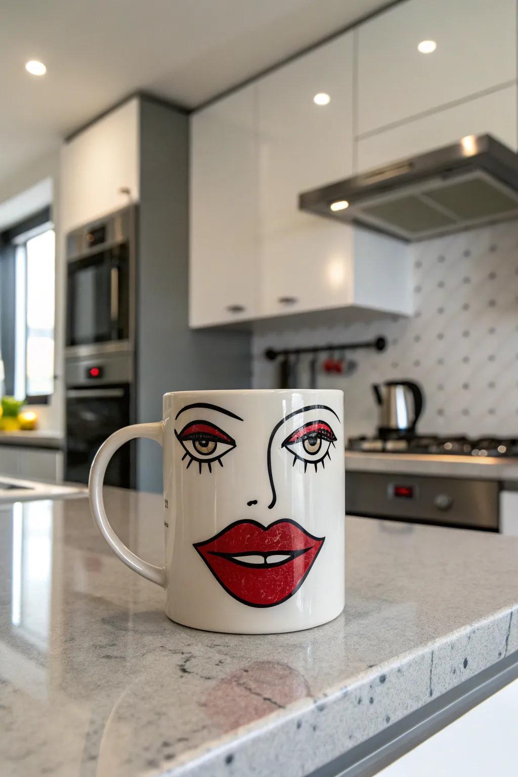 An unusual face mug showcasing oversized lips for a playful, unconventional appearance.