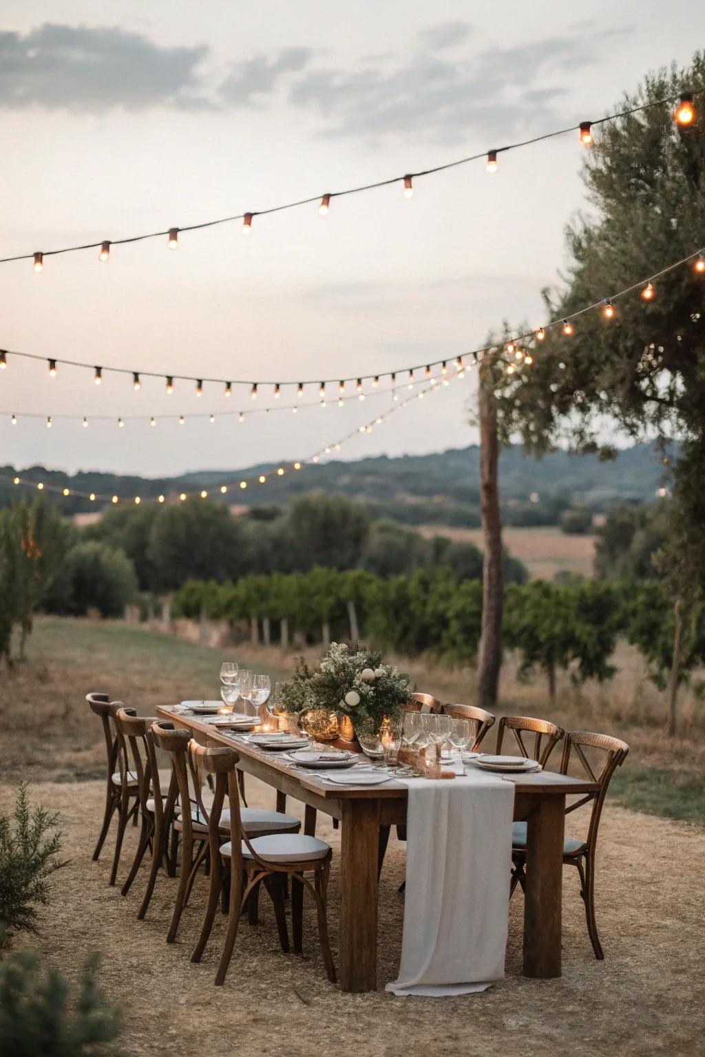 Country-style dining beneath twinkle lights delivers a cozy setting.