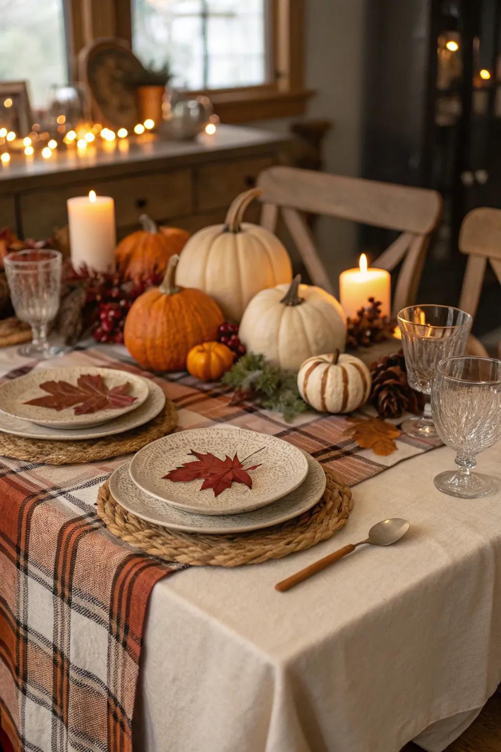 Inviting materials elevate the fall theme with warmth and style.