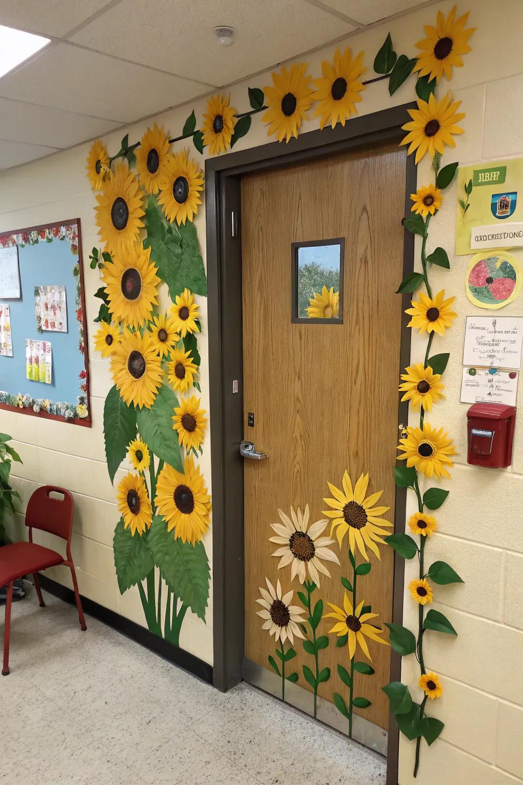 Sunflower entrance decor for a sunny autumn ambiance.