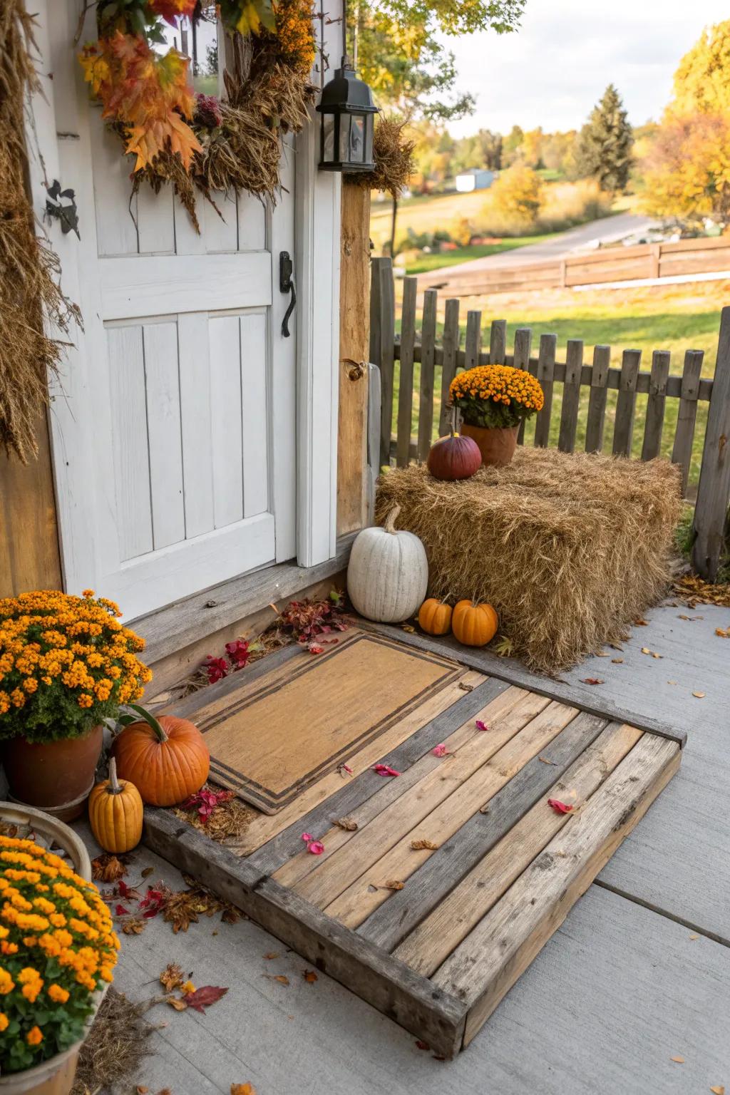 A rustic wooden doormat adding farmhouse charm.