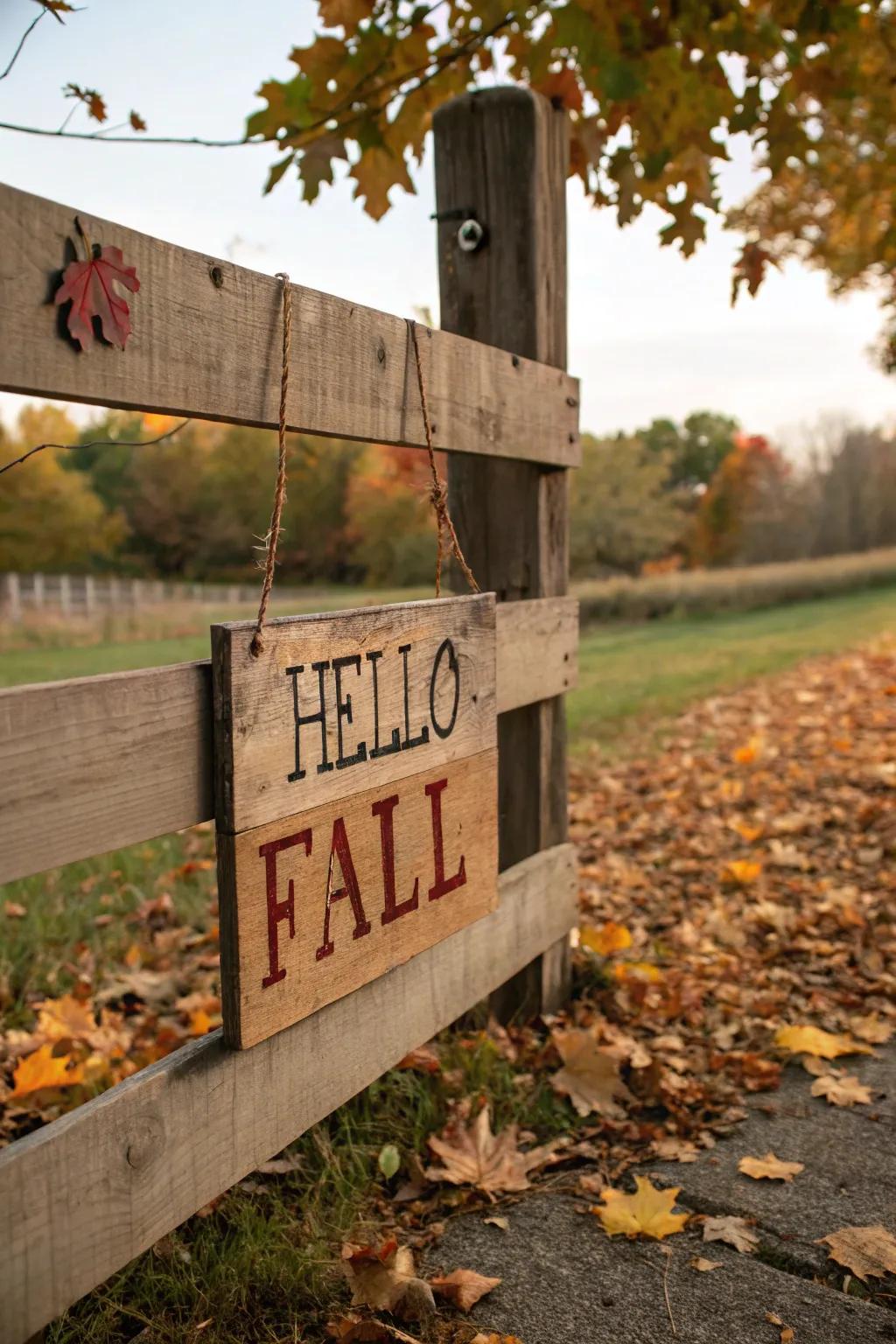 A wooden sign with a welcoming fall message adds a personal touch to the fence.