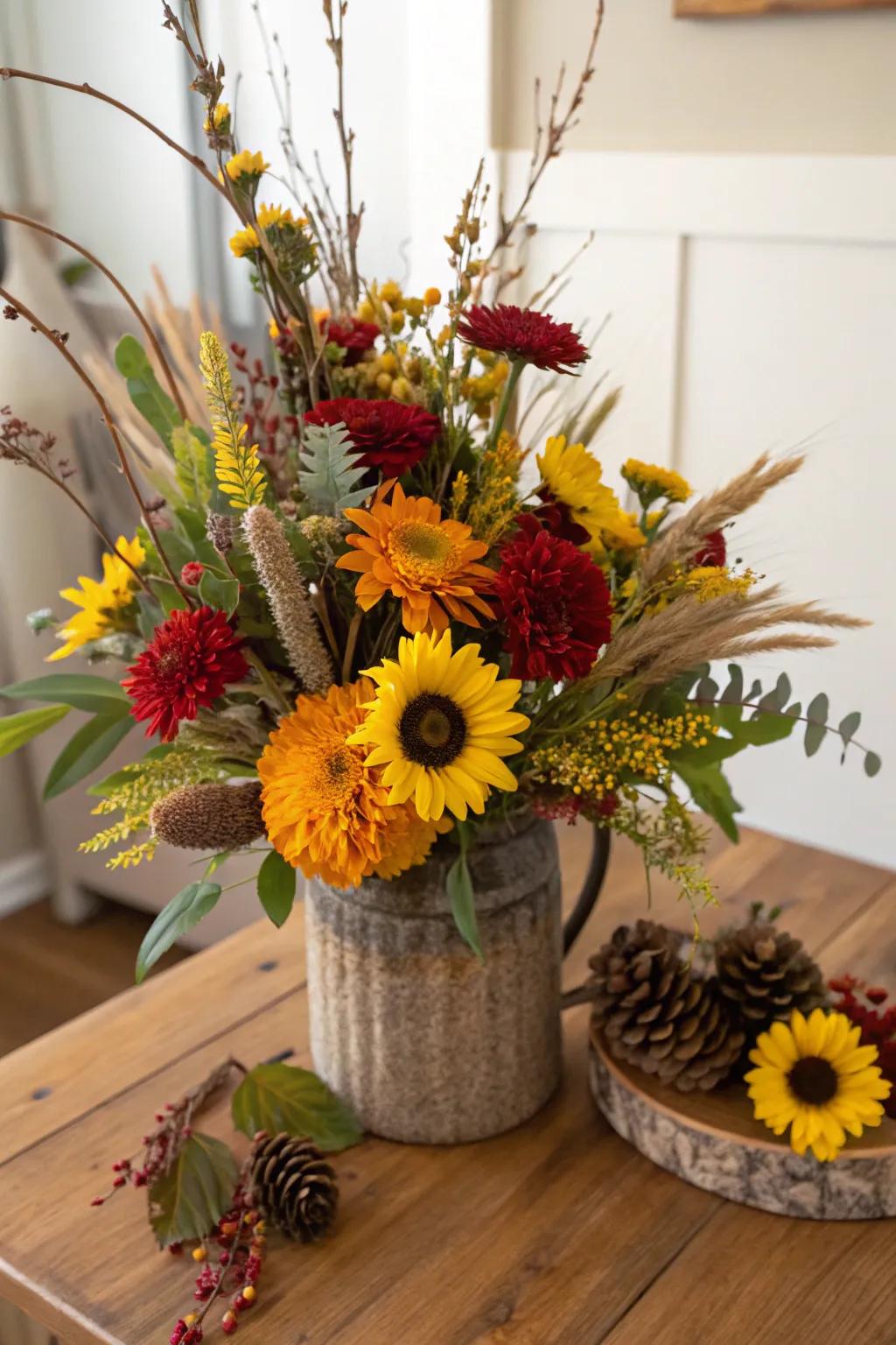 Seasonal flower arrangements add energetic shades to your fall decorations.