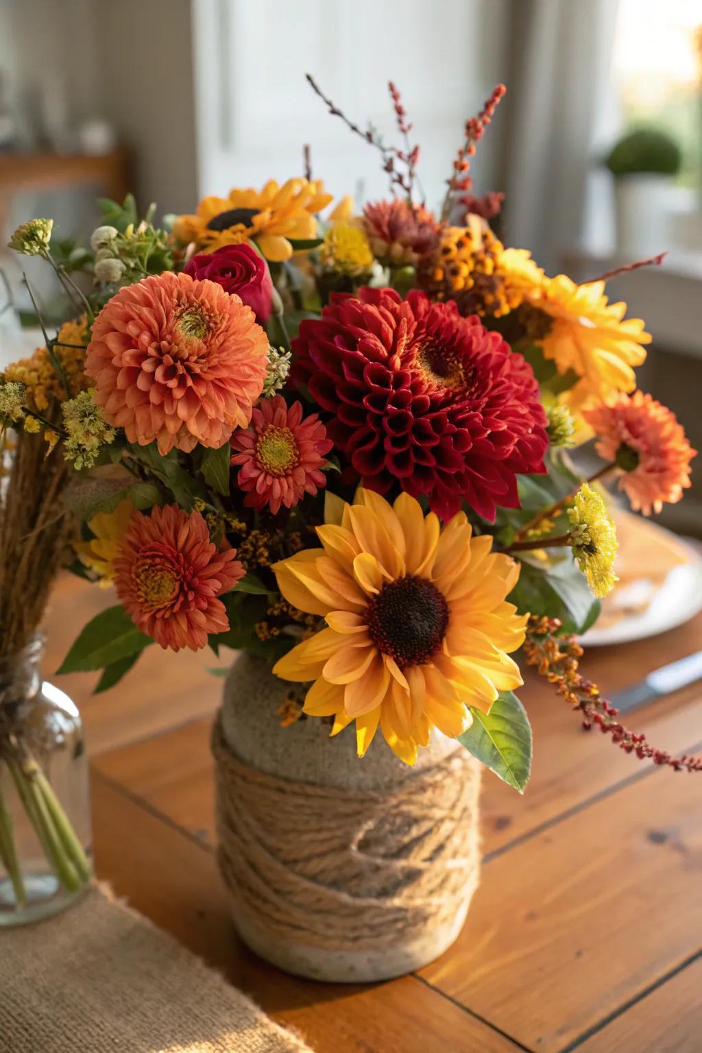 A vibrant floral arrangement brings color and life to the table.