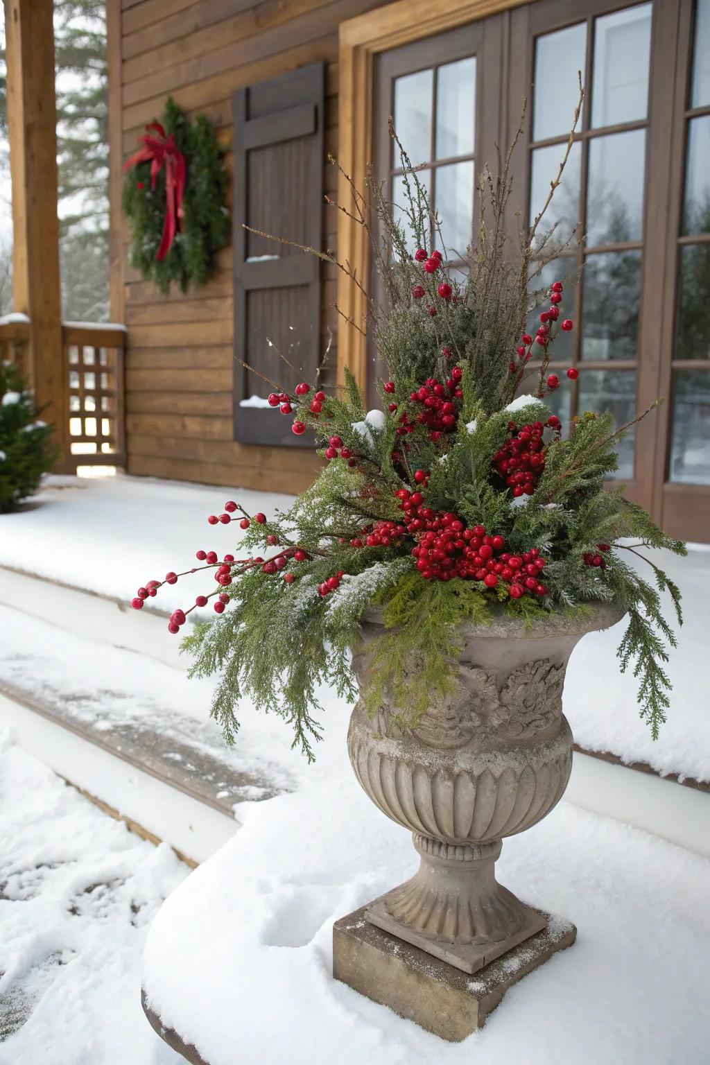 Festive berry sprigs and evergreens in a fall container.