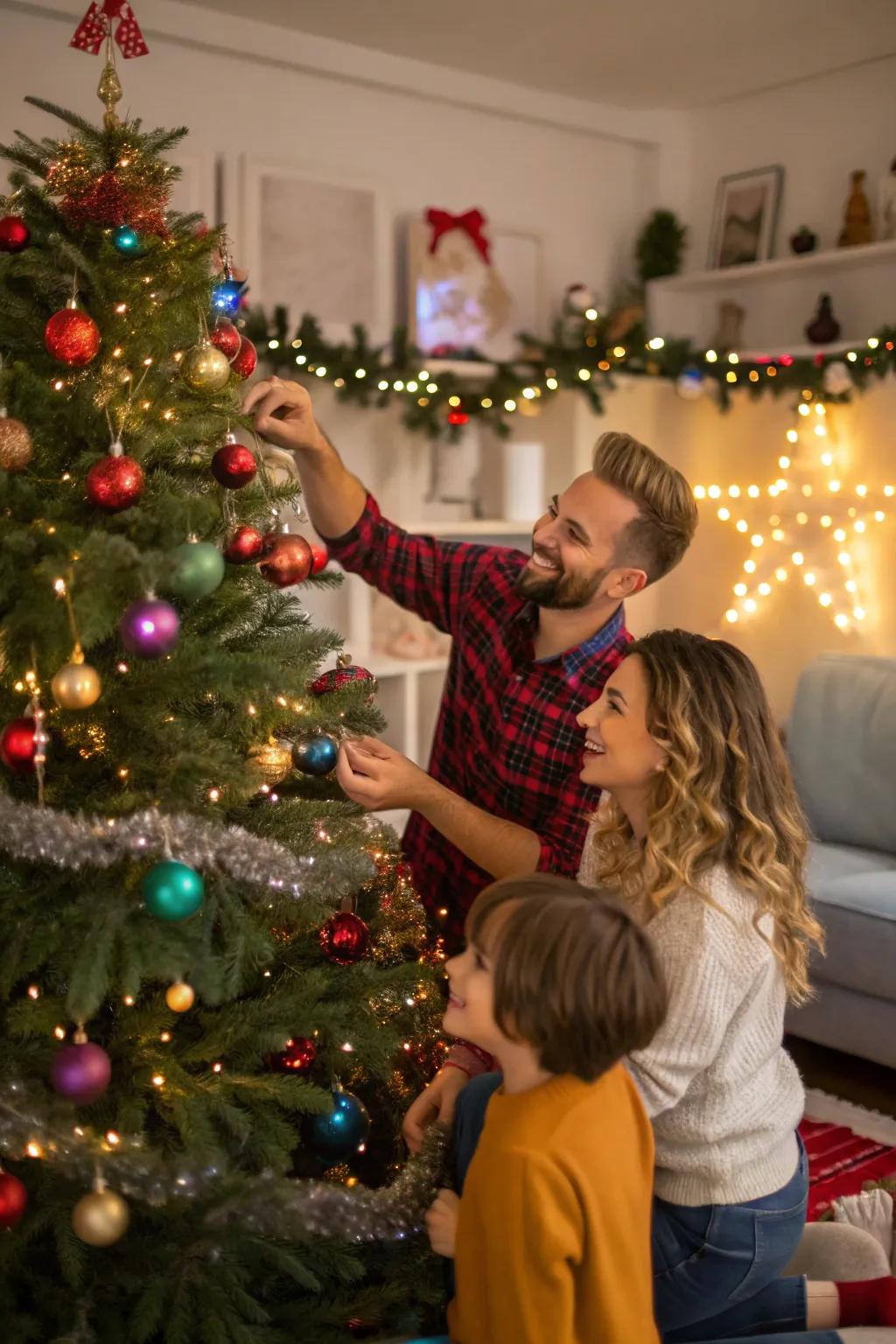 Record the happiness of decorating the Christmas tree as a family.