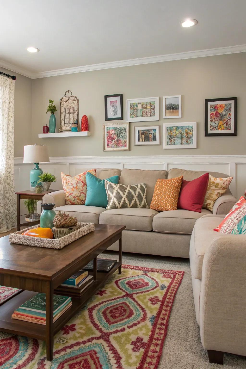A family room enlivened with colorful highlights.