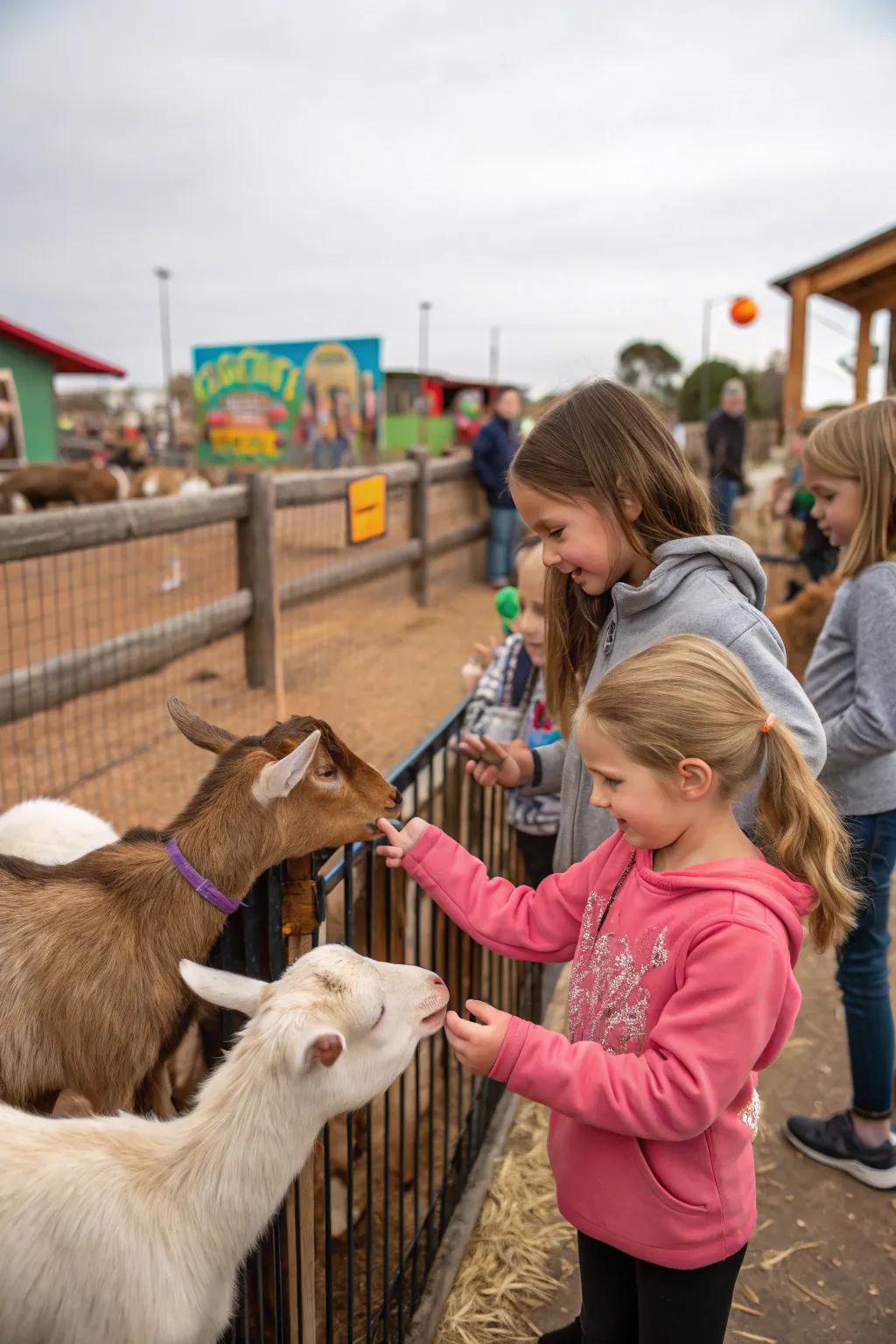 An animal interaction zone with sheep and goats provides hands-on fun for all age groups.