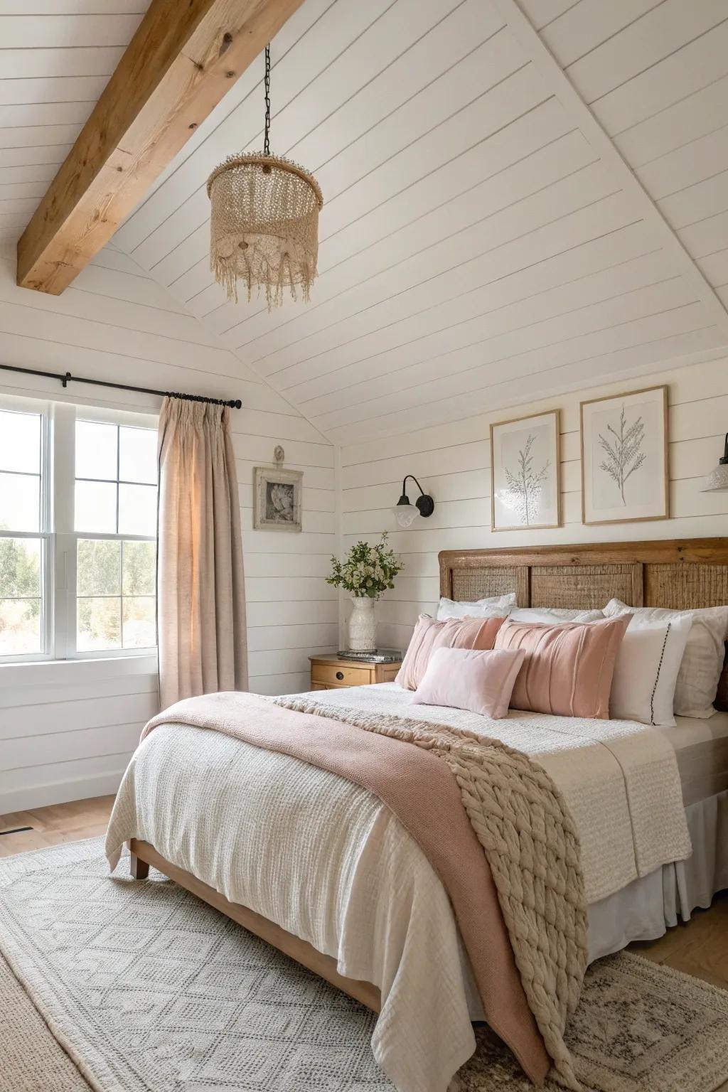 Painted board cladding ceilings impart texture and charm to this farmhouse bedroom.