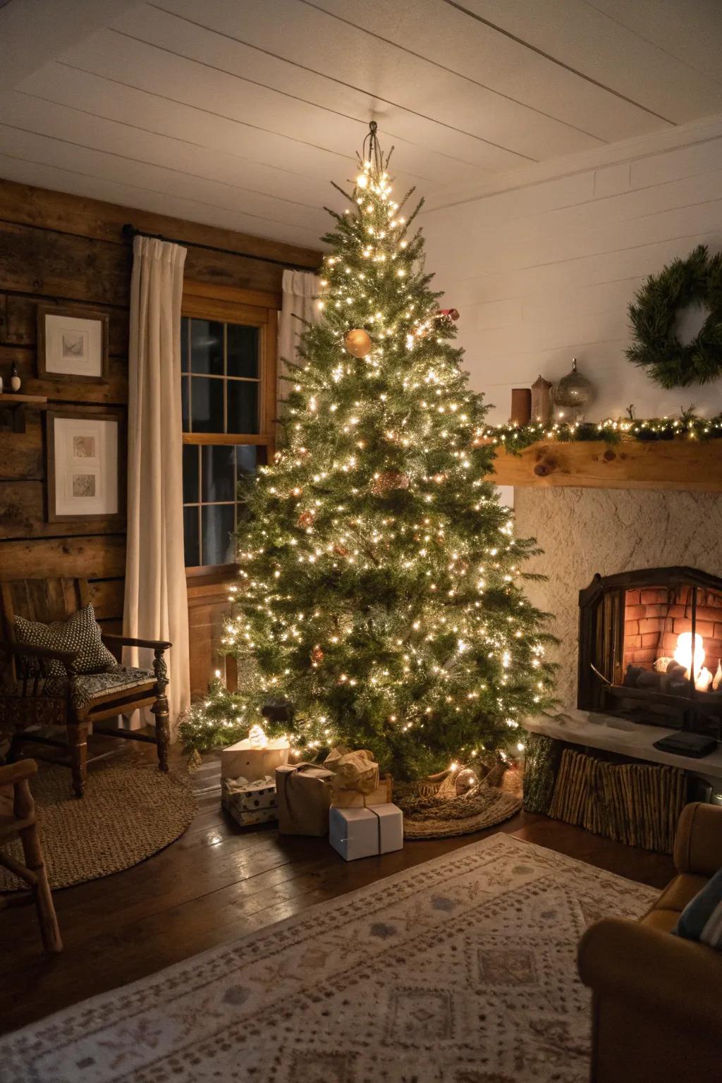 Warm twinkling lights enshroud this farmhouse Christmas tree in an enchanting radiance.