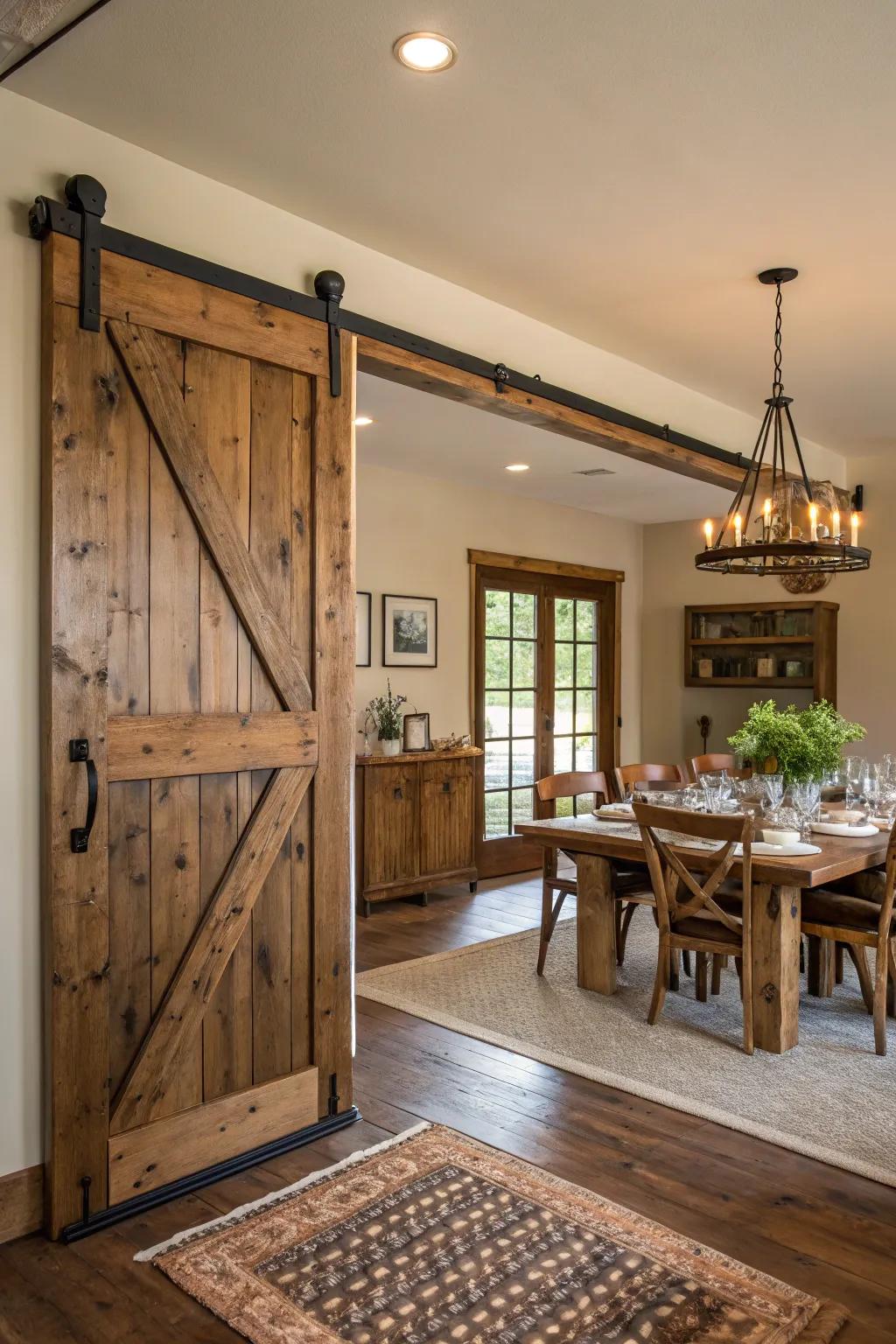 A barn entrance infuses distinction and utilitarian style to this farmhouse dining space.