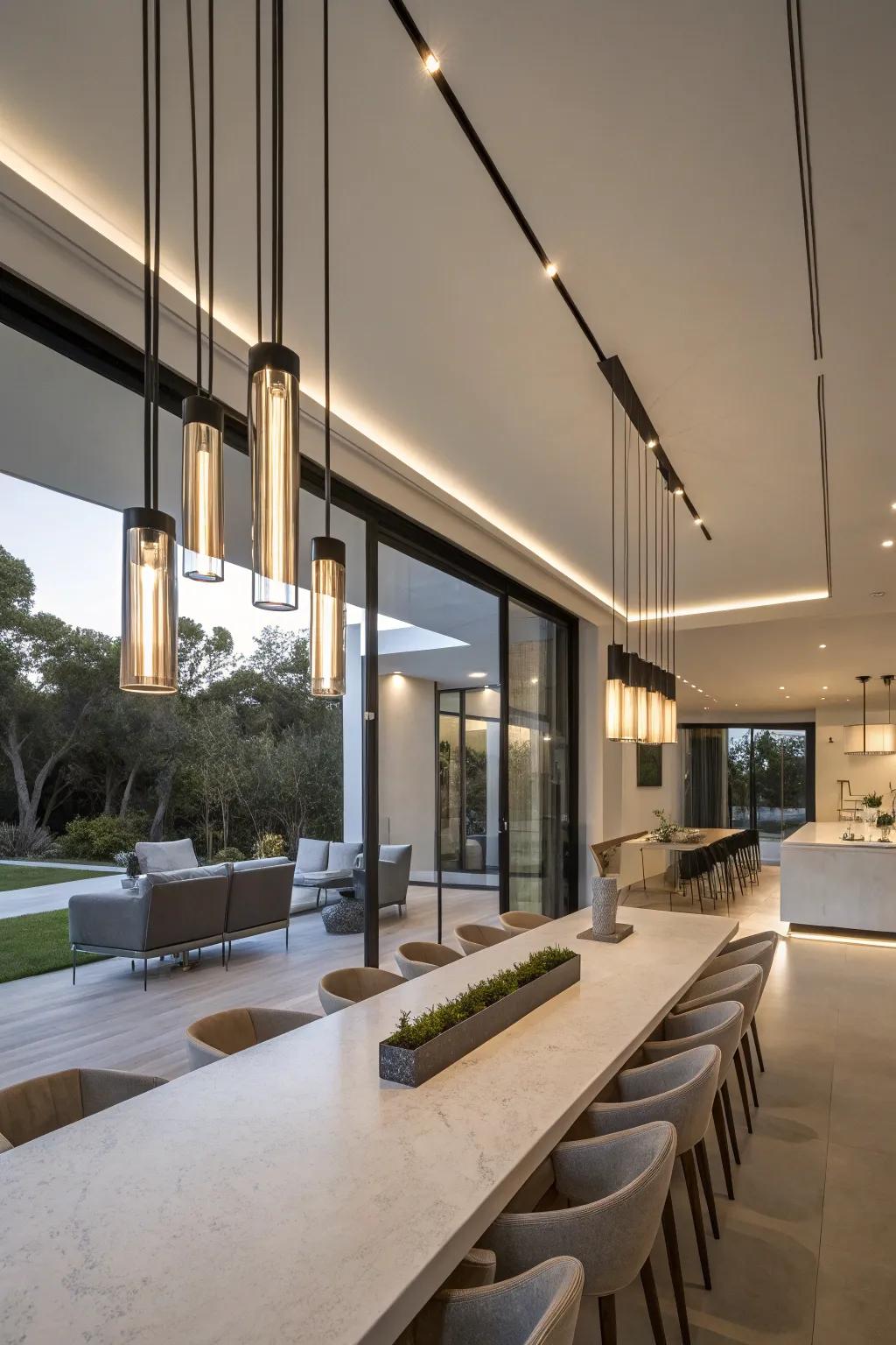 Straight pendant lamps offer a refined and elegant look over long tables.