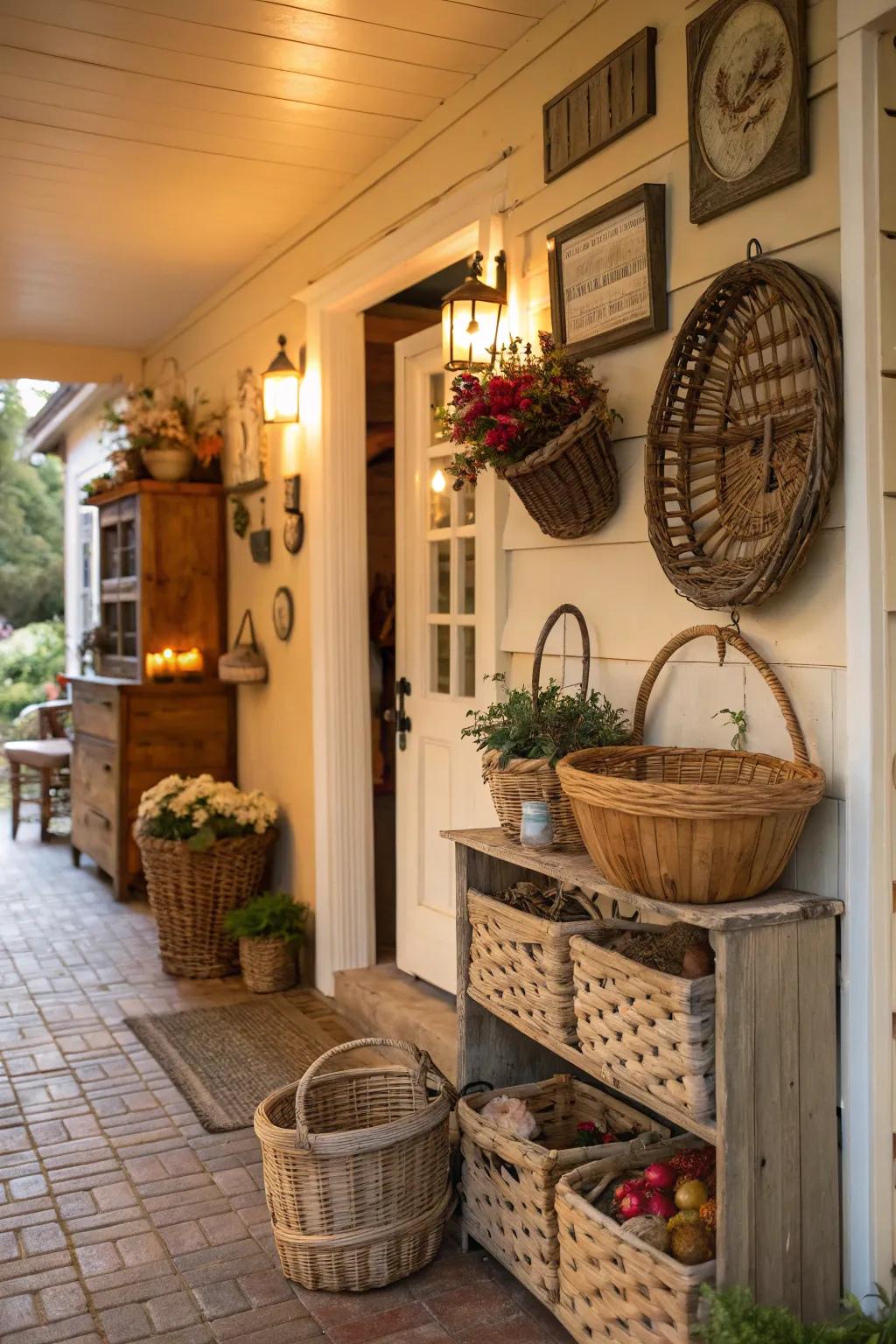 An entryway blending utility and style through the inclusion of woven baskets.