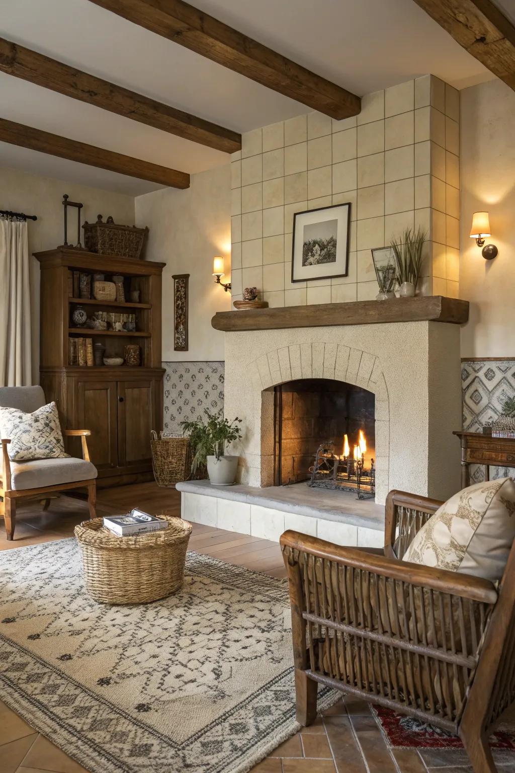 Soothing tiles generate a tranquil feel near this farmhouse fireplace.