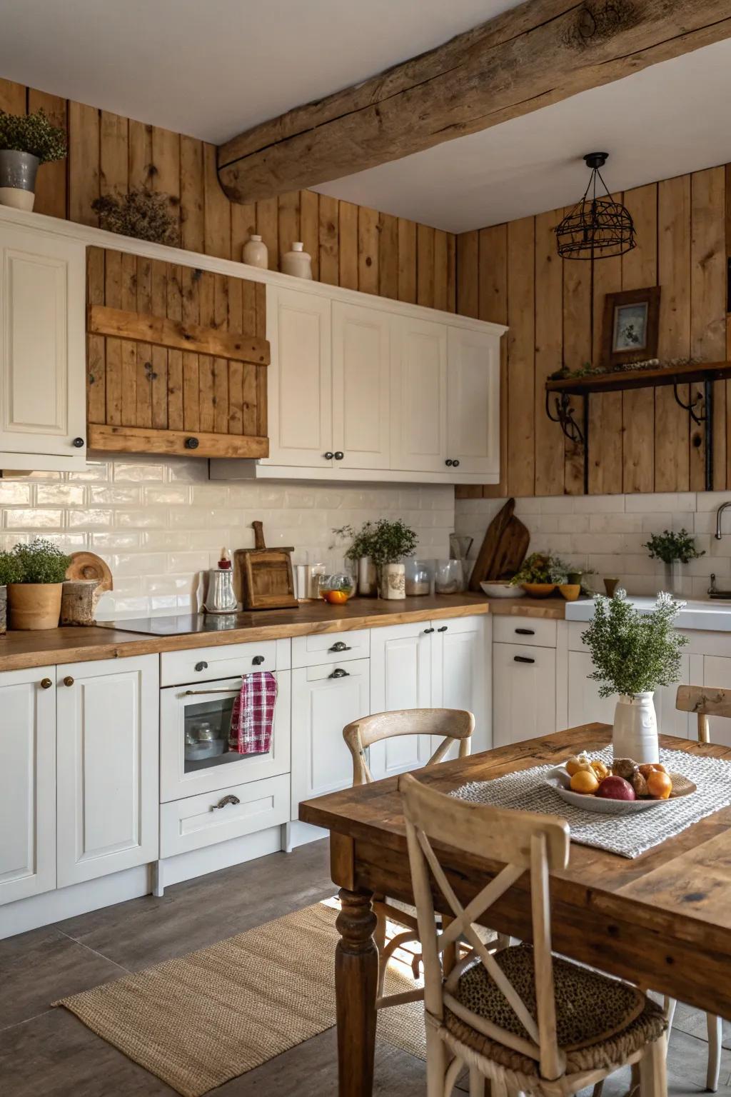 Warm wood-style boards as a covering create an inviting, rustic atmosphere in this farmhouse kitchen.