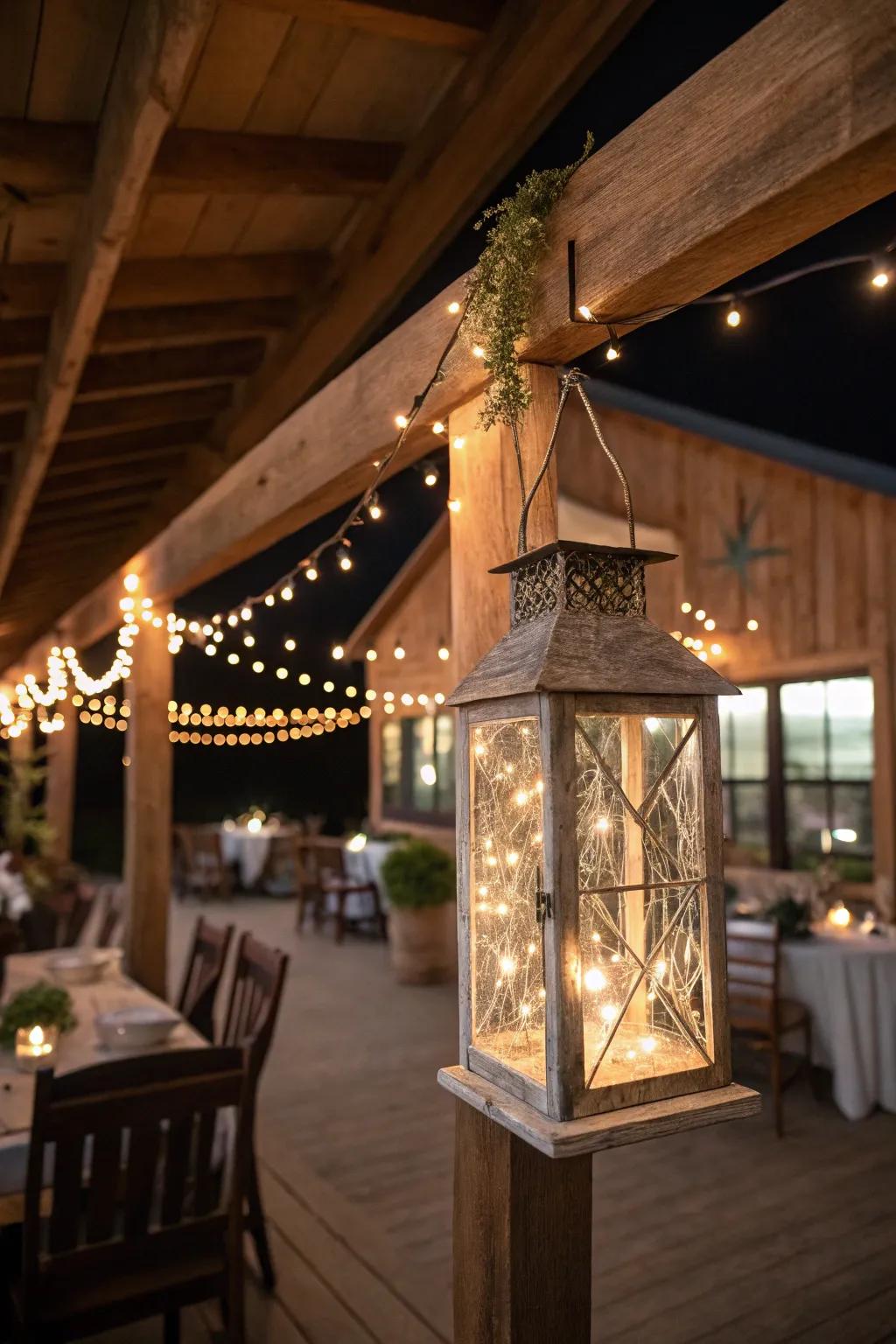 Fairy lights within lanterns produce a spellbinding shine.