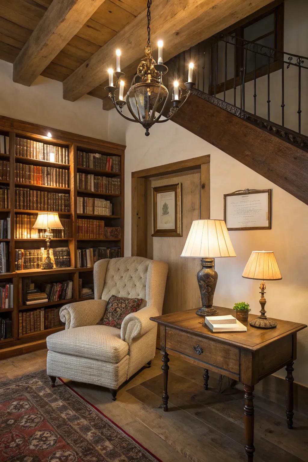Soft lighting from lamps and chandeliers creates a welcoming atmosphere.