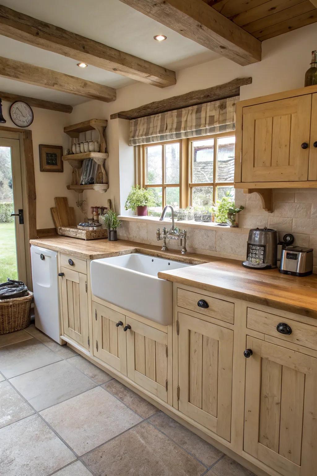 A country-style sink enhances the countryside appeal of pale timber fittings.