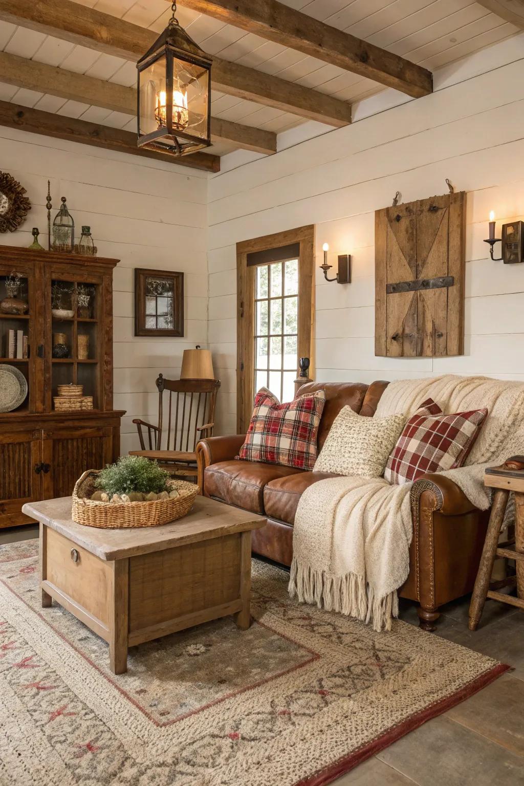 Antique design pieces introduce a sense of the past to this farmhouse living area.