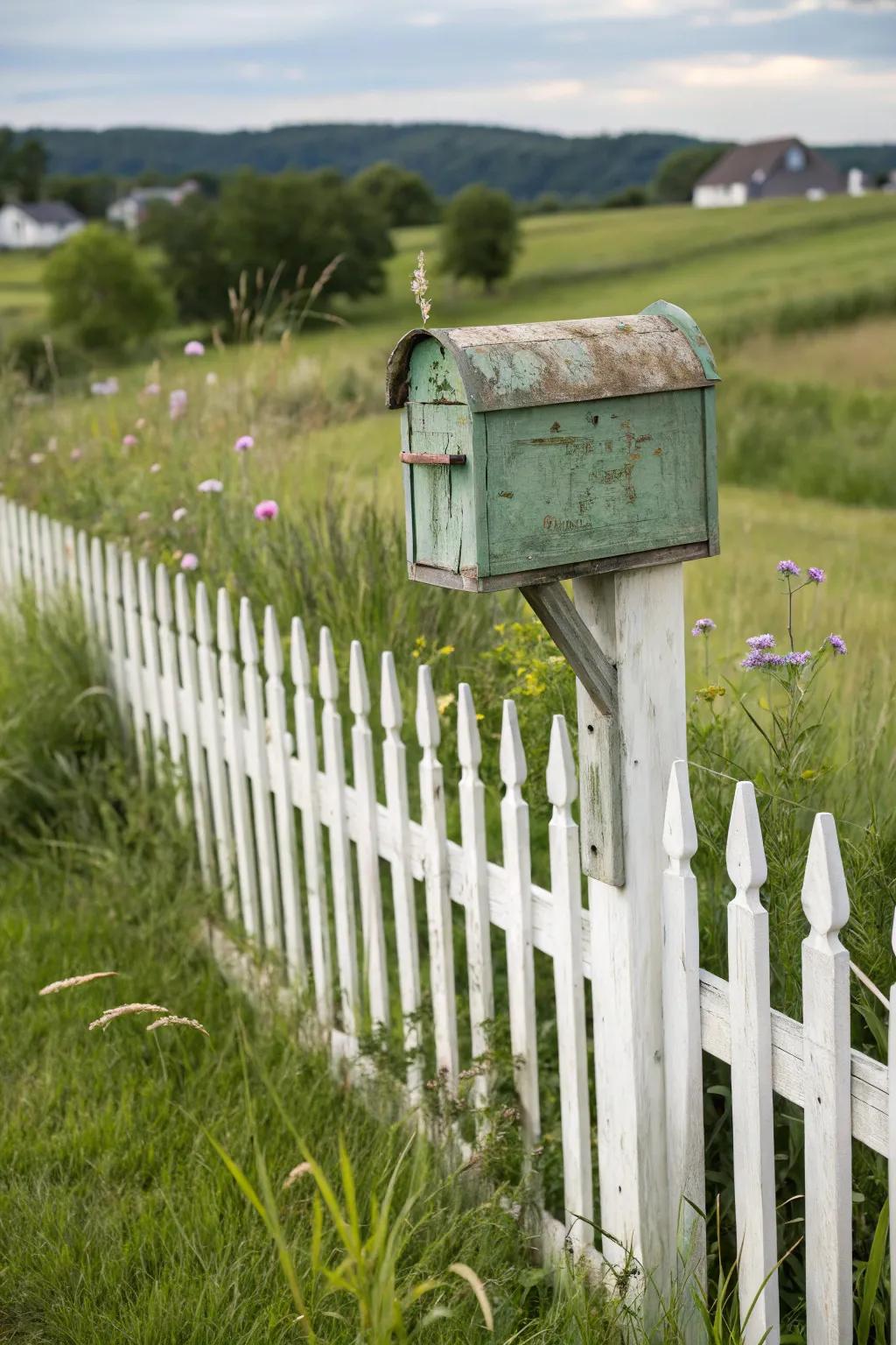 A quaint picket boundary serves as a delightful stand for this farmhouse mailbox.